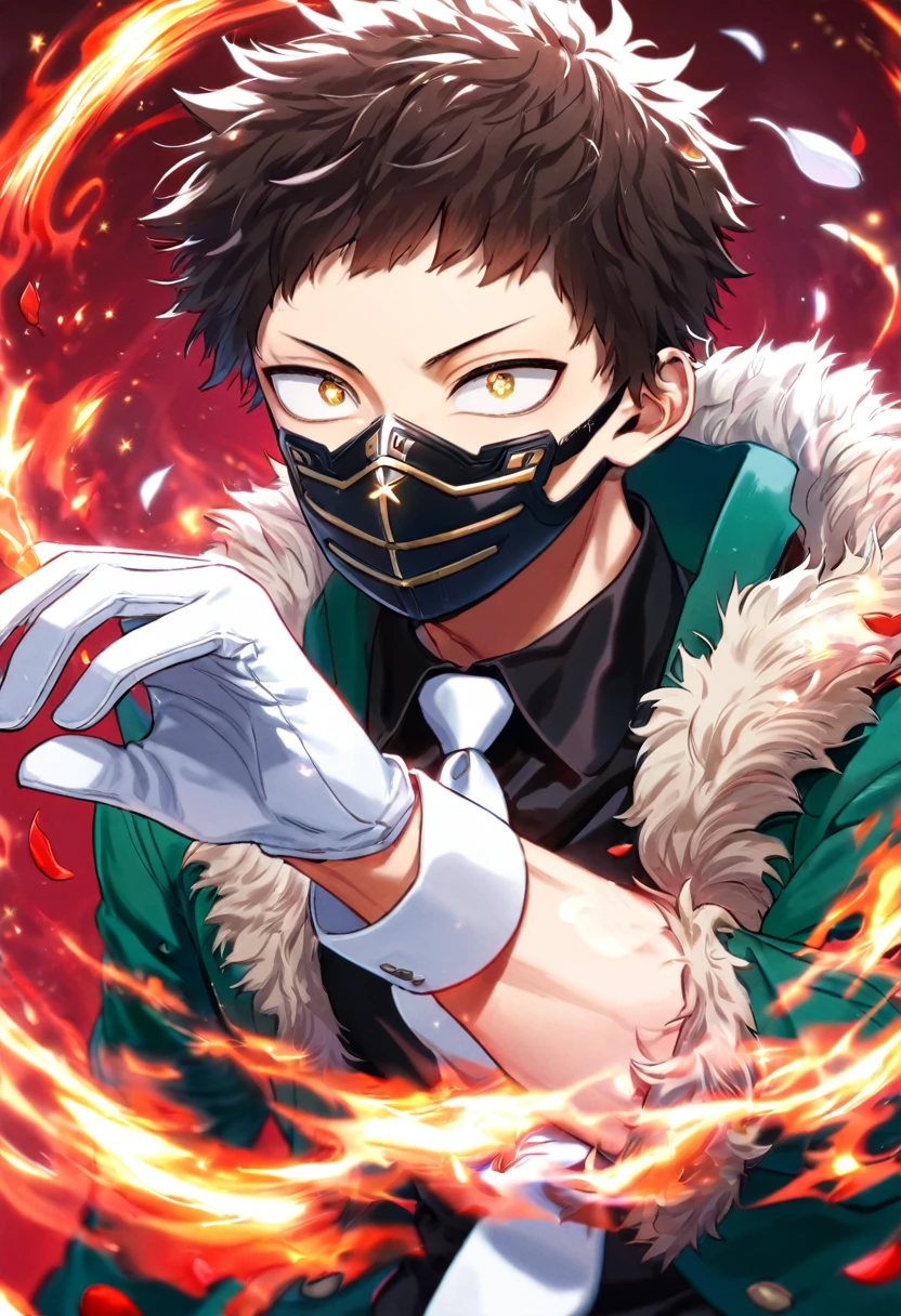 Ultra detailed, Highres, absurdres, HDR, Chisaki Kai, Overhaul, dark brown hair, short hair, short bangs, expressive golden eyes, Boku No Hero Academia, red flowers, petals, handsome, sexy man, solo, very detailed eyes and face, glittering, master piece, fantasy, cross, best quality, dark oliver-green jacket with fur, white necktie, black shirt, white gloves, red background, fire, black pants, black face mask, magic
