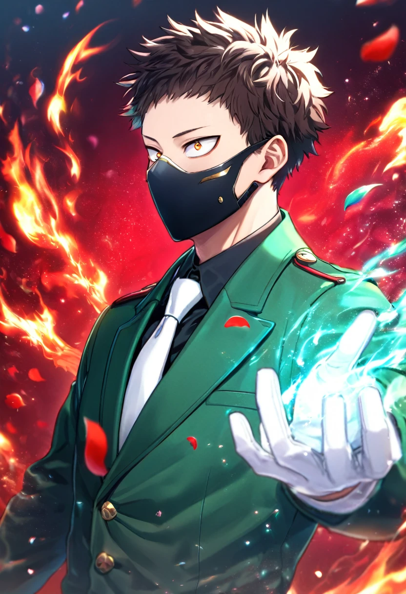 Ultra detailed, Highres, absurdres, HDR, Chisaki Kai, Overhaul, dark brown hair, short hair, short bangs, expressive golden eyes, Boku No Hero Academia, red flowers, petals, handsome, sexy man, solo, very detailed eyes and face, glittering, master piece, fantasy, cross, best quality, dark oliver-green jacket with fur, white necktie, black shirt, white gloves, red background, fire, black pants, black face mask, magic