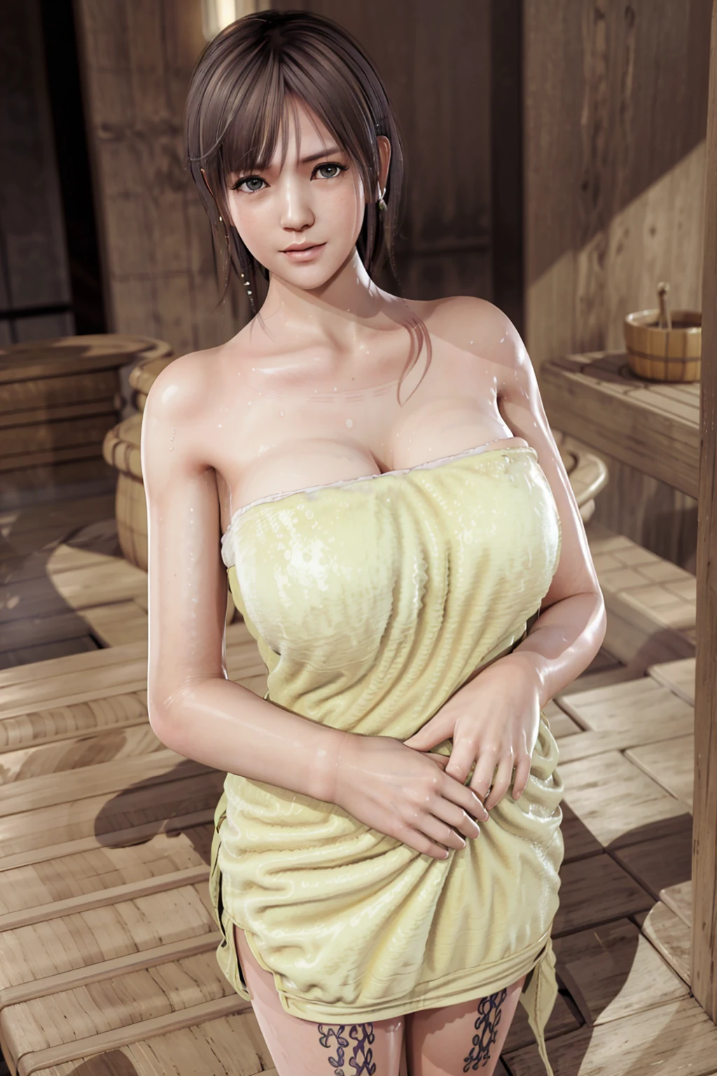 1girl, solo, standing, nagisa, (wearing towel, inside_sauna:1.3), (sweat), oiled, gleaming skin, shiny skin,  juice BREAK (masterpiece), (specular lighting:1.3), (hyperrealistic:1.2), (photorealistic face:1.2), (perfect face), (perfect eyes), (best quality), (8k), (4k), sharp focus, octane render, best quality, extremely detailed, intricate, fantasy, soft lighting, (gigantic hanging breasts), (skindentation:1.3), (chubby:1.2), (voluptuous:1.2), thick eyelashes, long eyelashes, smile, blush, oil