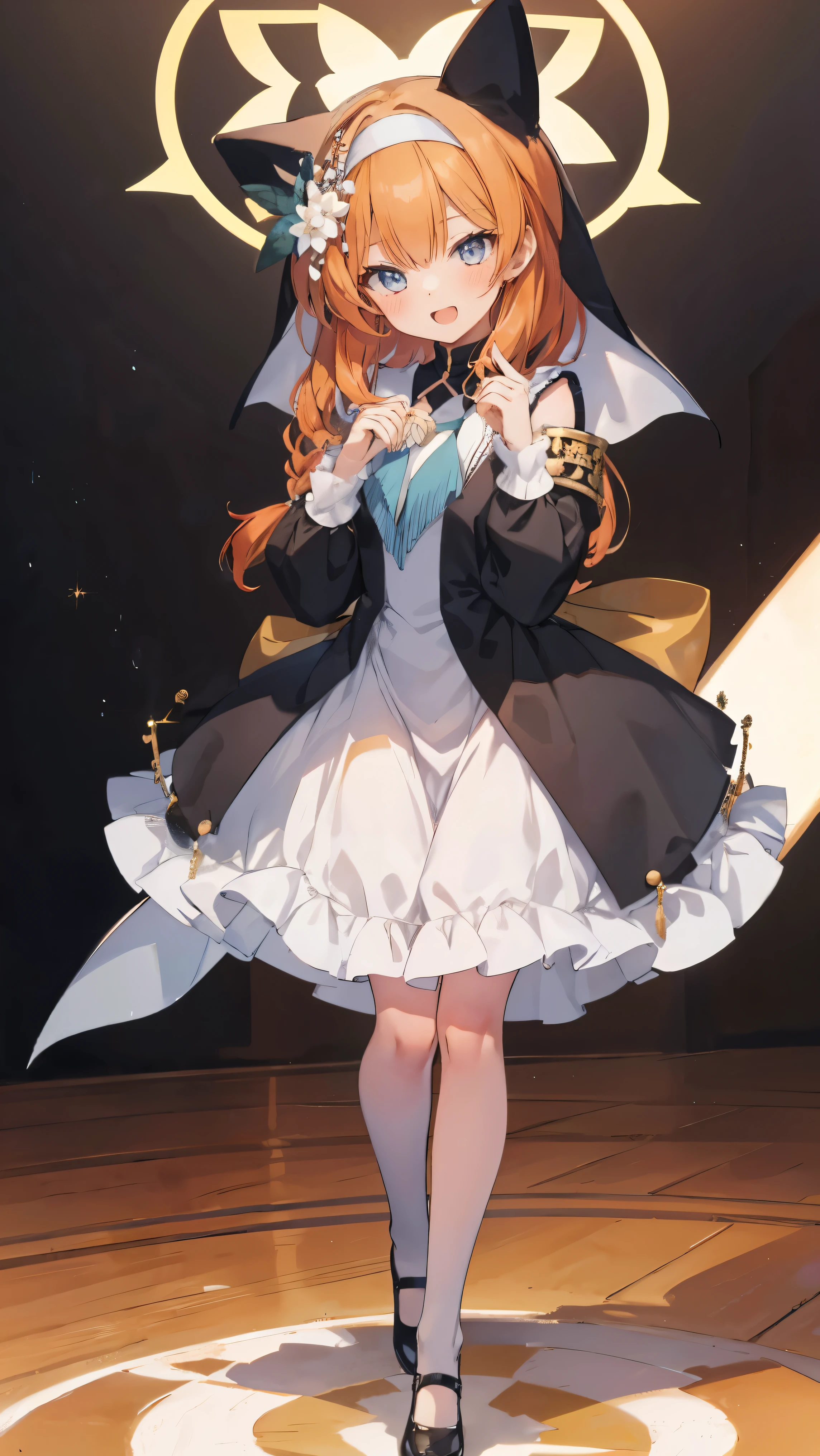 Marie、masterpiece、Best image quality、最high quality、1 person、girl (Open Mouth Smile), independent , Cute pose, masterpiece, Anime art style, Cute moveost detailed, high quality、Shiny Hair、Very fine and beautiful bright eyes、nose blush、spoken heart、Very detailed, clear and beautiful face, Awards, (((Anatomically correct)))、Orange Hair、full BODY