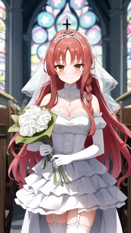 masterpiece, best quality, highres, absurdres, looking_at_viewer:1.3, depth_of_field, standing, walking, smile, cowboy_shot, 
yarai miu,  ribbon braid, 1girl, solo, standing,  ahoge,  (((holding bouquet, bouquet))),
((white wedding dress)), veil, layered dress, layered skirt, white elbow gloves, capelet, frilled white thighhighs, high heels, thigh ribbon, puffy sleeves, tiara, 
 tears, hands on own breasts, 
((in church, church)), indoors,