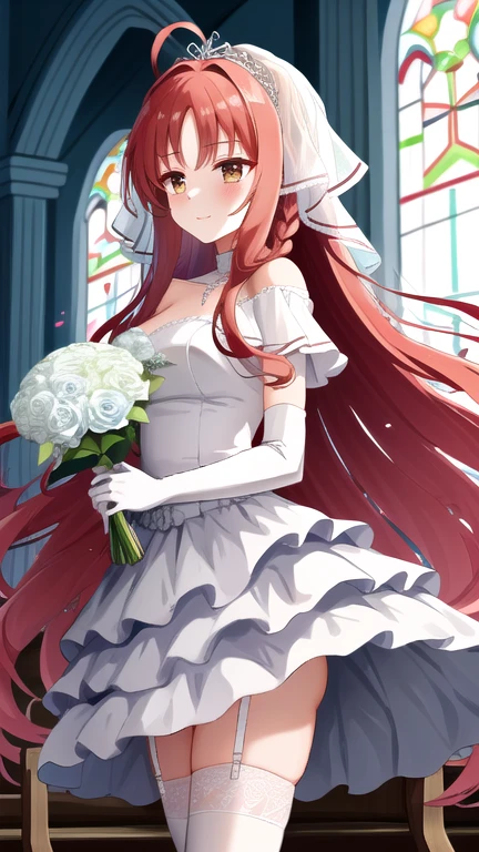 masterpiece, best quality, highres, absurdres, looking_at_viewer:1.3, depth_of_field, standing, walking, smile, cowboy_shot, 
yarai miu,  ribbon braid, 1girl, solo, standing,  ahoge,  (((holding bouquet, bouquet))),
((white wedding dress)), veil, layered dress, layered skirt, white elbow gloves, capelet, frilled white thighhighs, high heels, thigh ribbon, puffy sleeves, tiara, 
 tears, hands on own breasts, 
((in church, church)), indoors,