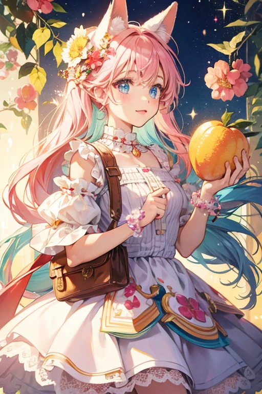 Monetchi has a light pink body and wears a dress with blue, white, and light orange stripes. She also carries a yellow purse with her. She has fluffy ears similar to Lovelitchi with the left one decorated with red beads and the right one decorated with an orange flower. Her eyes have the letter M on them. SPARKLE; GLITTER