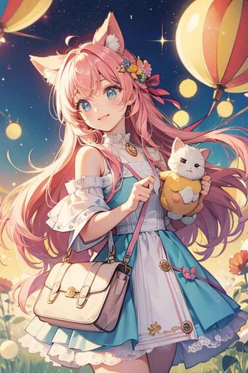Monetchi has a light pink body and wears a dress with blue, white, and light orange stripes. She also carries a yellow purse with her. She has fluffy ears similar to Lovelitchi with the left one decorated with red beads and the right one decorated with an orange flower. Her eyes have the letter M on them. SPARKLE; GLITTER