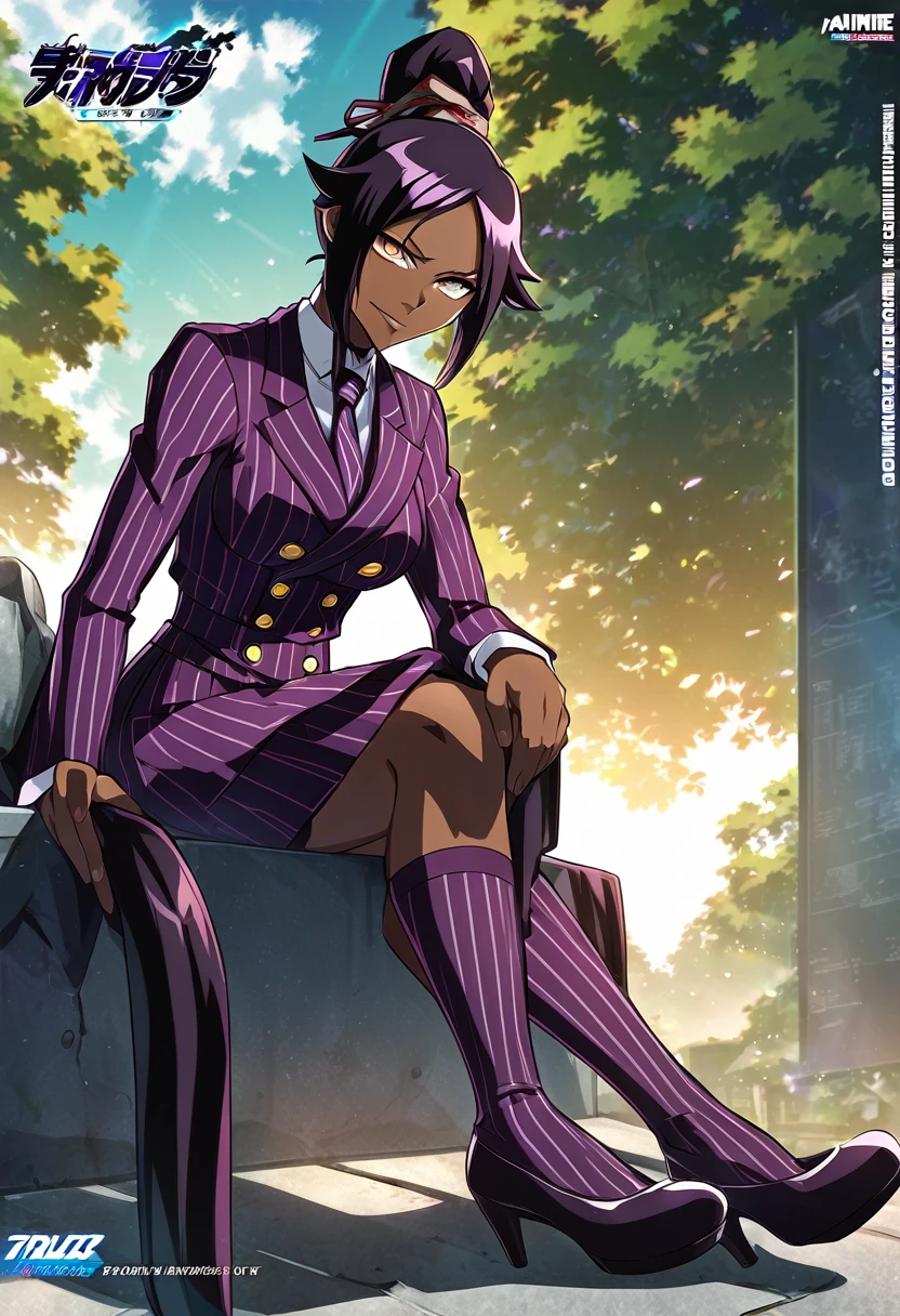  Full body Yoruichi as a thin Black business woman in a double breasted pinstripe purple  skirt suit while wearing a tie with a very long purple pinstripe skirt and with purple knee sock’s wearing purple heels while sitting full art anime 