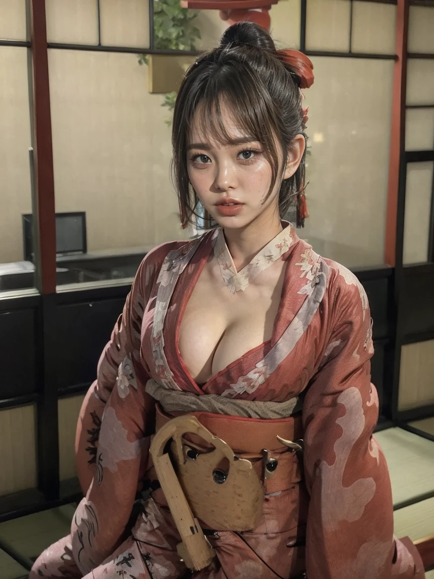 (((Wear a red kimono:1.8)), ((Cleavage:1.5)), ((Head to Knee:1.5)), medium breast:1.5, ((Standing pose)),((Six Pack:1.2)),Bun Hair,The body is slim, Detailed face, Beautiful Eyes, Detailed lips, high quality, 8k, Realistic, masterpiece, Very detailed, complicated, elegant, Sensual, erotic, Cinema Lighting