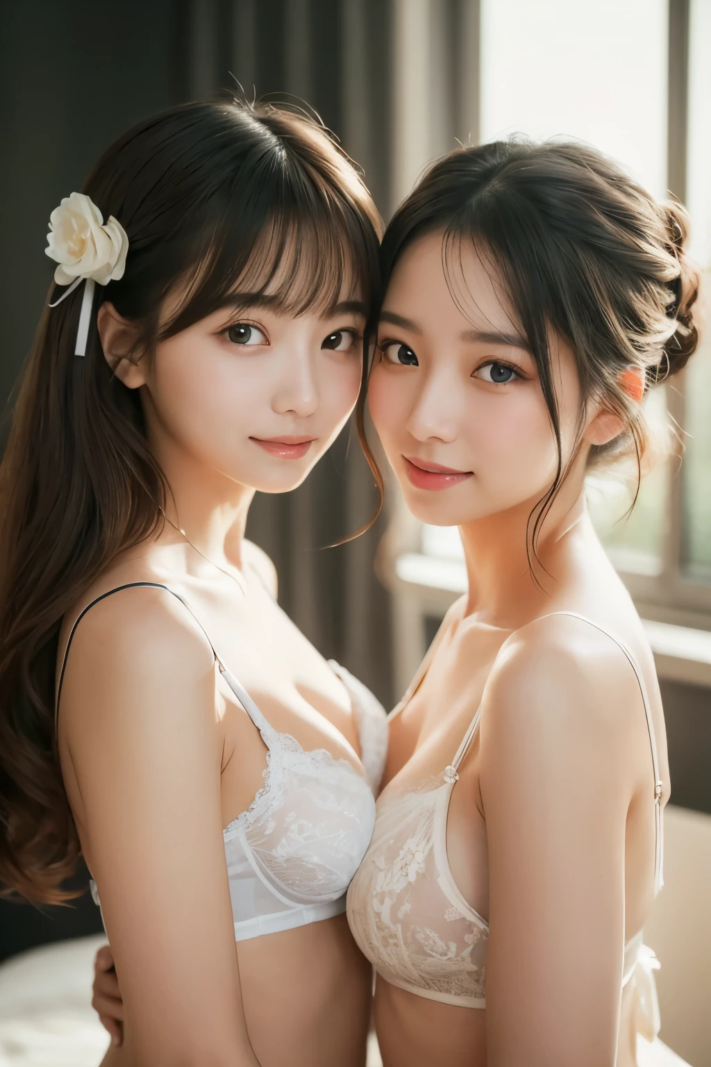 Bright natural light in the background、2人のlikeい女性が寄り添って立っています。The background is soft and blurry.、It beautifully highlights their contours.。

The two women are wearing lingerie that gives a neat impression.。The woman on the left is wearing white lace lingerie.、The woman on the right is wearing blue lingerie.。Their skin is smooth、like々It emits a bright glow。

The woman on the left has naturally straight hair.、It is lightly summarized。The woman on the right has buns on both sides of her hair.、Gives a cute impression。Their bangs are both lightly flowing.、It brings out a gentle look。

The two women are close to each other、The pose exudes intimacy and trust.。Their eyes are shining、The gaze is directed towards the camera。Her lips are slightly colored、The overall look is natural and elegant.。
