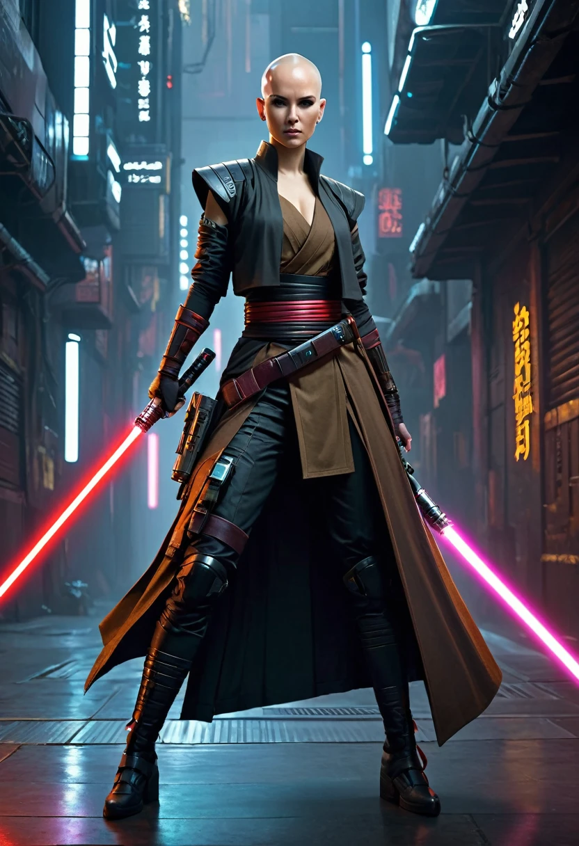 Jedi`s lightsaber,sh4g0d style cyberpunk female warrior,(Bald,monk:1.2),bushido,robe