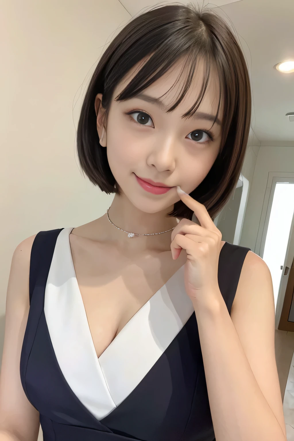Upper class girl in elegant formal dress of random colors、Biting pose、Cunning Smile、Bobcut