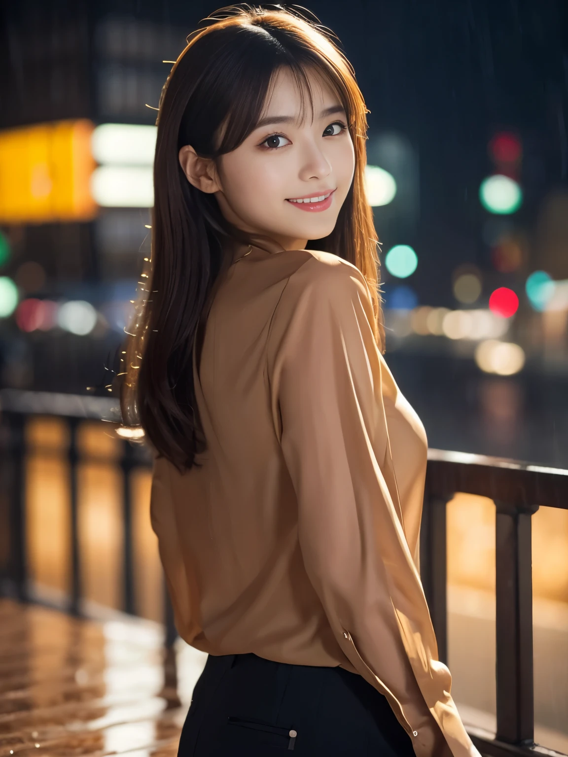 1 girl, (Wearing a brown blouse:1.2), Beautiful Japan actress,
(RAW photo, highest quality), (realistic, Photoreal:1.4), masterpiece,
very delicate and beautiful, very detailed, 2k wallpaper, wonderful,
finely, Very detailed CG Unity 8K wallpaper, Super detailed, High resolution,
soft light, beautiful detailed girl, very detailed eye and face, beautifully detailed nose, beautiful and detailed eyes, cinematic lighting,
break,
(Against the backdrop of a rainy night cityscape 1.3), city lights,
perfect anatomy, slender body, smile, Face the front completely, look at the camera, ((Random body direction)), waist shot,