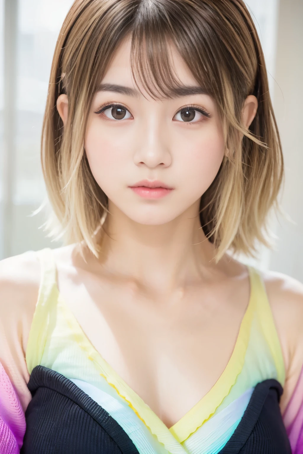 beautiful japanese woman、1 person,Very pretty and slim、outstanding style 、((8K image、super high quality))、Very delicate face, Skin and Hair、short hair、straggling hair,(((((((gradient hair、blonde))))))),Very cute Japanese face、Eyes and nose are clearly visible、kind eyes,(((looking at the viewer)))、full body shot