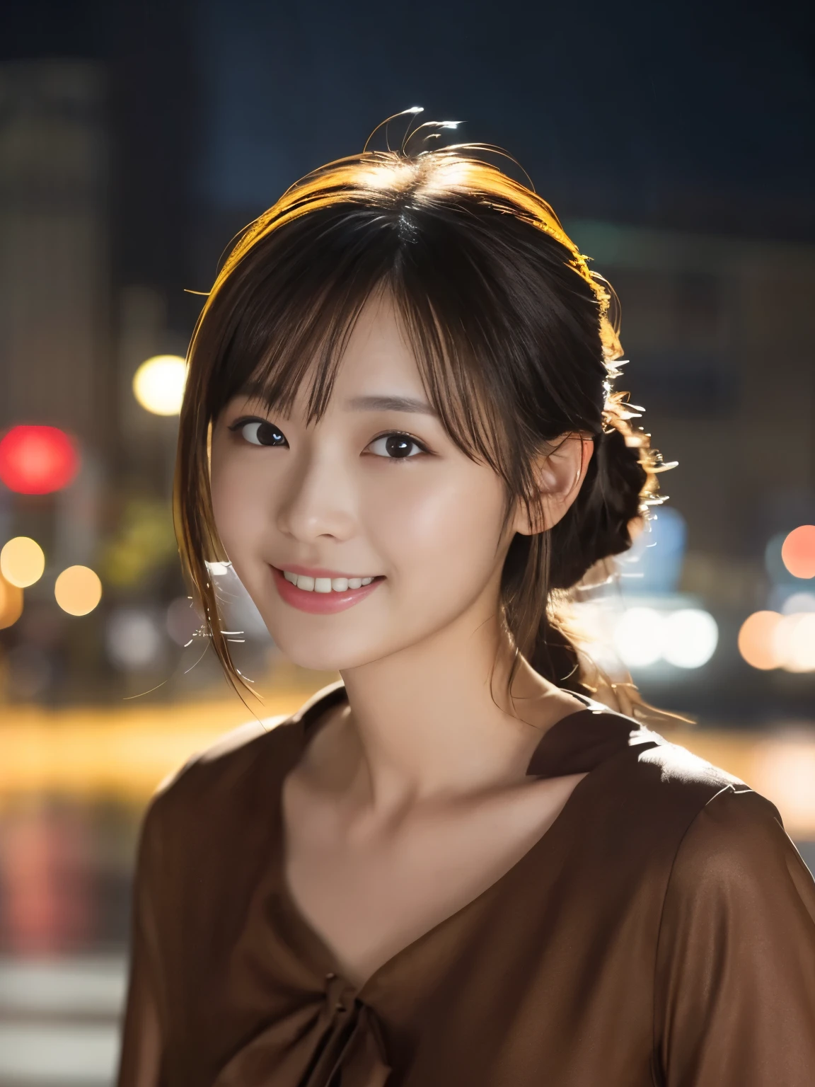 1 girl, (Wearing a brown blouse:1.2), Beautiful Japan actress,
(RAW photo, highest quality), (realistic, Photoreal:1.4), masterpiece, 
very delicate and beautiful, very detailed, 2k wallpaper, wonderful, 
finely, Very detailed CG Unity 8K wallpaper, Super detailed, High resolution, 
soft light, beautiful detailed girl, very detailed eye and face, beautifully detailed nose, beautiful and detailed eyes, cinematic lighting, 
break,
(Against the backdrop of a rainy night cityscape 1.3), city lights, 
perfect anatomy, slender body, smile, Face the front completely, look at the camera, ((Random body direction)), waist shot,
