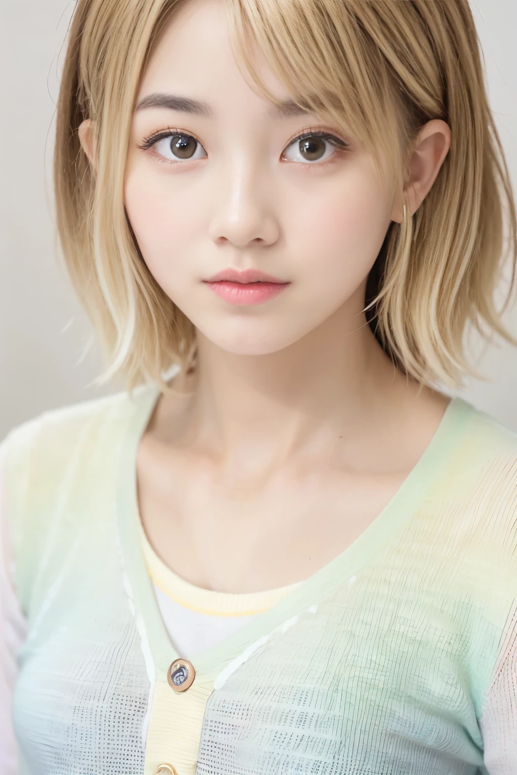 beautiful japanese woman、1 person,Very pretty and slim、outstanding style 、((8K image、super high quality))、Very delicate face, Skin and Hair、short hair、straggling hair,(((((((gradient hair、blonde))))))),Very cute Japanese face、Eyes and nose are clearly visible、kind eyes,(((looking at the viewer)))、full body shot