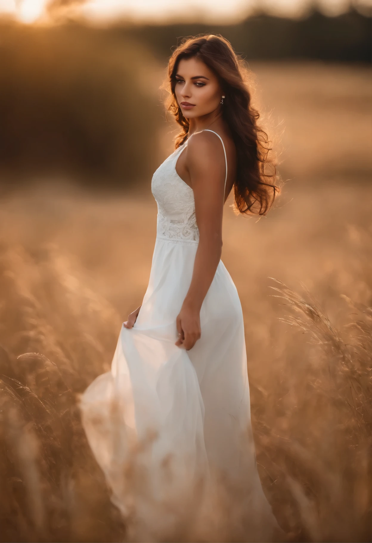 tema_Fotos de Stock, Feminine latin girl with brown eyes and long hair wearing an elegant white dress in a closed-face photo shoot in the field