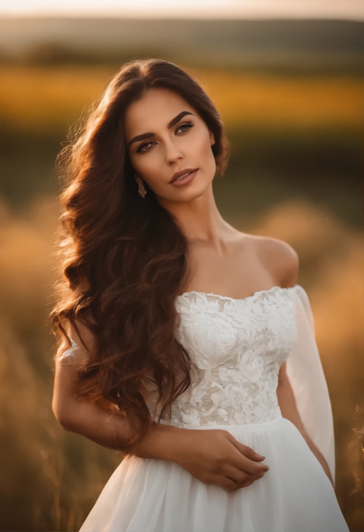 tema_Fotos de Stock, Feminine latin girl with brown eyes and long hair wearing an elegant white dress in a closed-face photo shoot in the field 