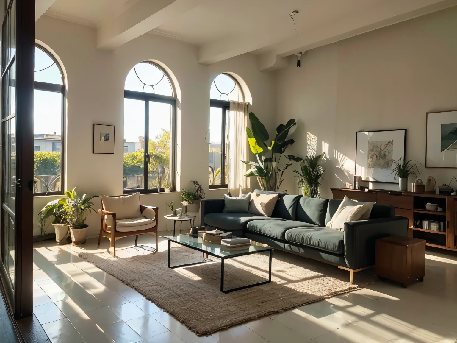 living room, modern, living room with luxurious furniture, neutral tones and natural light through large windows, green plants and modern artwork on the walls, spacious open space, comfortable and relaxing feeling, 3D, rendered in V-Ray with high resolution and realistic lighting