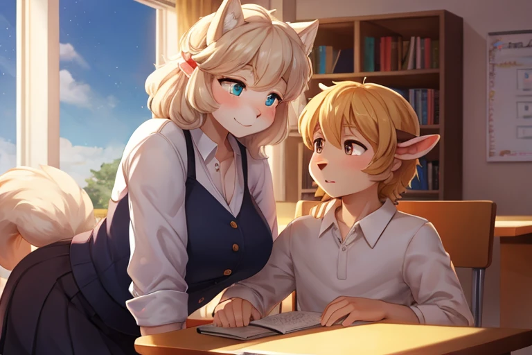Hallucination, daydream , Fear , Fantastic , bokeh , hairy fur , tight fit skirt , white blouse , (mature wolf woman teacher) and (Fluffy Sheep boy student:1.3) , blondy , (flat chest) , Seducer , Show secretly , school , Base of the tail , see-through , Maternal love , I can not stand it any longer