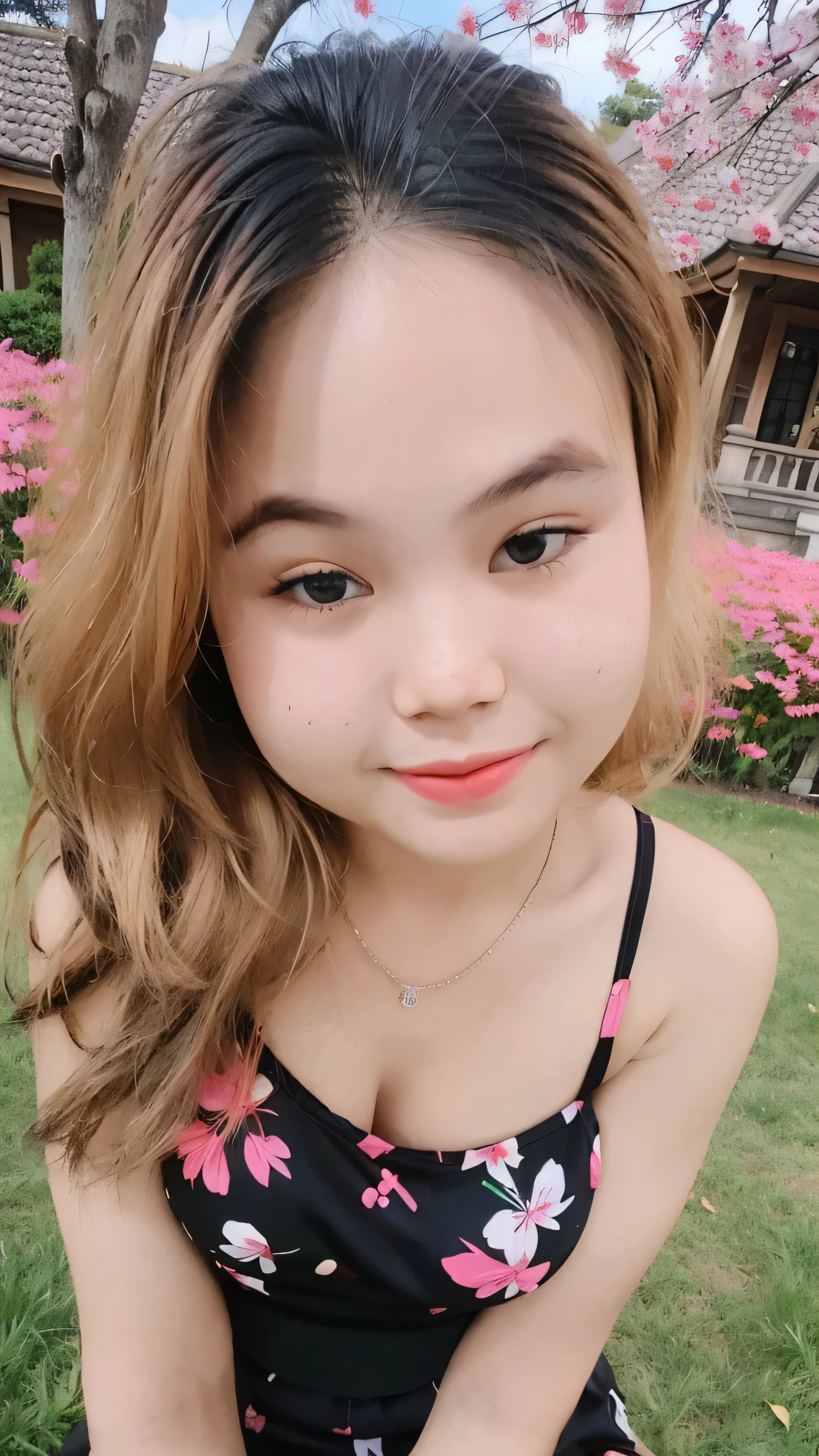 (super highest quality:1.3) (very realistic, Photoreal:1.3), (sharp focus:1.3), (Realistic and very high quality:1.3). (high resolution/High resolution:1.3), very delicate and beautiful, soft light, (brown hair, Shoulder-length straight bob hair sways in the wind), beautiful detailed girl, highly detailed eyes and face, beautifully detailed nose, thin and beautiful eyes, 1 girl, Japanese, Pure beauty, cute, young, (smaller and flat chest), realistic face, realistic body, beautiful thigh, pink camisole top, black mini skirt, cherry blossom background