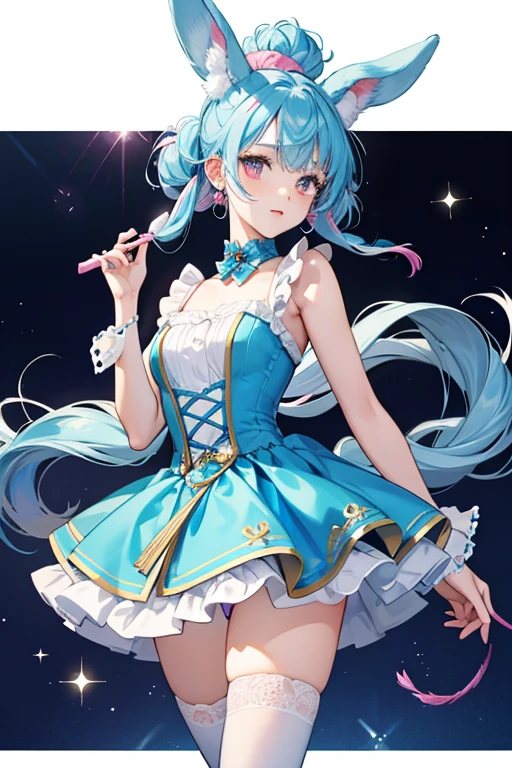 When her ears are down, Moriritchi's appearance most likely resembles a poodle or a lop-eared rabbit. She has pale yellow skin with round pink cheeks, and her eyes are dark blue with star-shaped highlights. Her apparel consists of blue stockings, a sleeveless yellow dress with pink dots along the hem, and a blue bolero.
She has puffy blue hair and long, floppy ears with puffs of hair on each tip. Uniquely, Moriritchi can tie up her ears into a cotton candy-like, cone-shaped topknot, which is her usual appearance. Her tied-up ears and hair are decorated with colored pearls and two hot pink hearts. SPARKLE; GLITTER