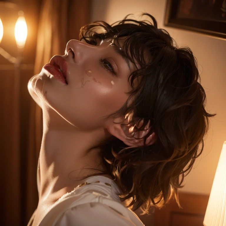 Realistic, 8k, masterpiece, RAW photo, best quality, photorealistic, extremely detailed CG unity 8k wallpaper, Depth of field, Cinematic Light, Lens Flare, Ray tracing, (extremely beautiful face, beautiful lips, beautiful eyes), intricate detail face, ((ultra detailed skin)) high quality, Potrait of one man in a suit(in the middle) and one girl with luxury dress, standing, perfectly proportioned, intimate, Lovers, close to each other, perfect anatomy, perfect background, perfect face, perfect body, detailed face, detailed face, (Moody luxury hotel bedroom:1.1)、Romantic warm lighting at night、