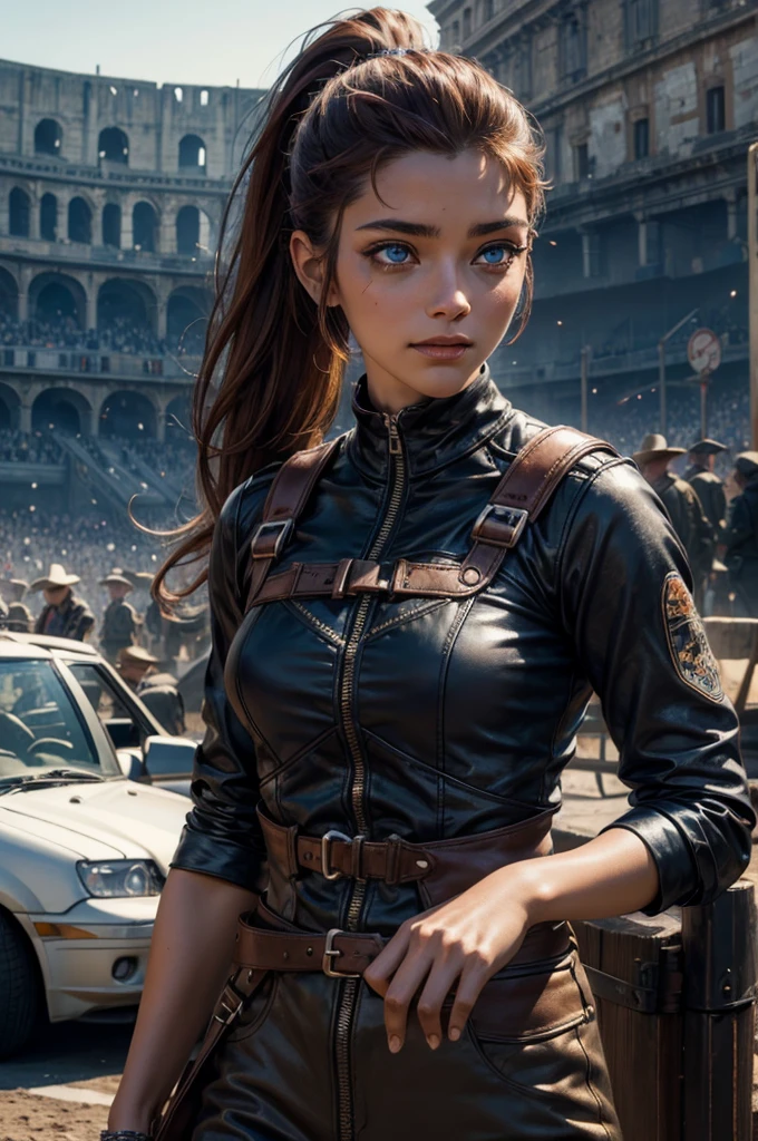 
iliaamitola, ilia amitola, smiling, long hair, blue eyes, brown hair, ponytail, dark skin, dark-skinned female, BREAK khaki mini dress belts, BREAK outdoors, sitting near river running next to colosseum, bonfires, wrecked vehicles, crowd, (crowd in military dress), post-apocalypse, dystopian future, crowd, (crowd in military uniforms), (volumetric lighting), best quality, masterpiece, intricate details, tonemapping, sharp focus, hyper detailed, BREAK looking at viewer, (cowboy shot:1.5), BREAK (masterpiece:1.2), best quality, high resolution, unity 8k wallpaper, (illustration:0.8), (beautiful detailed eyes:1.6), extremely detailed face, perfect lighting, extremely detailed CG, (perfect hands, perfect anatomy), 
