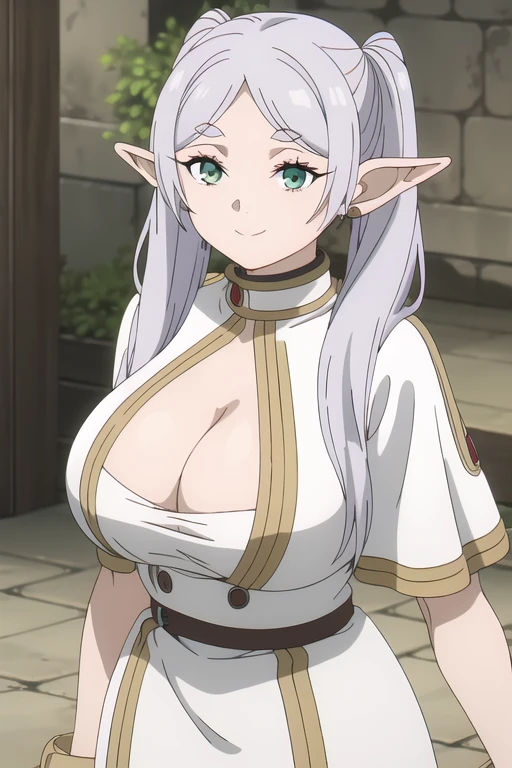 masterpiece, highest quality, (shape), alone, frozen, Pointy Ears, Twin tails, Green Eyes, Fairy, Long Hair, Gray Hair, Thick eyebrows, Parted bangs, (Stouting big breasts:1.5), Are standing, Excellentper body, smile, (Show Viewer), (close_Excellent:0.85),