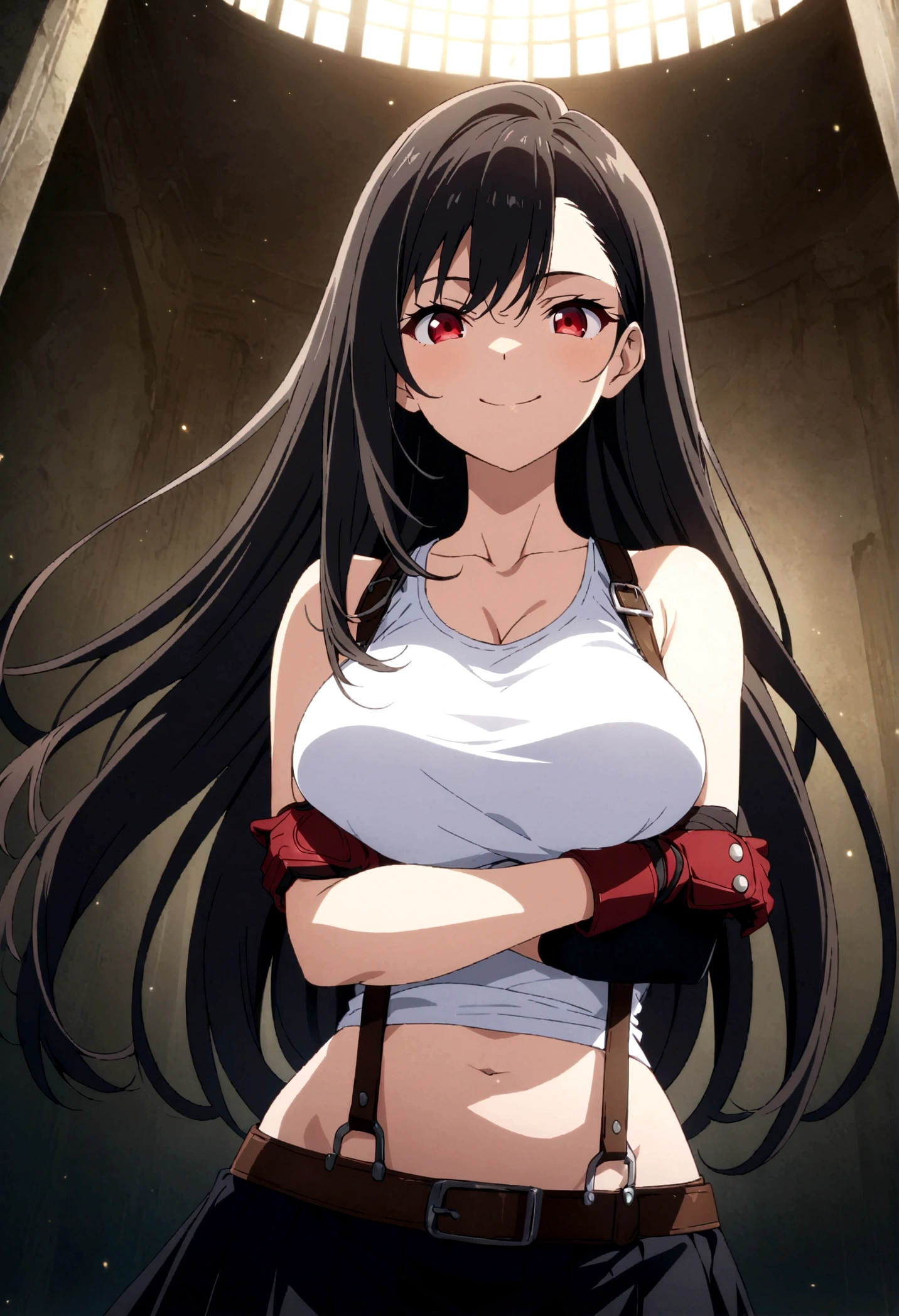 (score_9,score_8_up,score_7_up), masterpiece, best quality,
newest, recent, perfect anatomy,
official art, best perspective, depth of field,
very aesthetic, illustration, perfect composition,
from_anime, anime screencap, (from front.front_view ,(soro focus), posing,straight-on,,,(upperbody:1.3),looking_at_viewer ,1girl, tifa lockhart, Final Fantasy, ((official style)), (Tifa Lockhart, solo),, long hair, earrings, jewelry red eyes, no puffy eyes, black hair, looking at viewer, anime, parted lips, tank top,((stomach)), swept bangs, lips,navel, suspenders, bare shoulders, red eyes, bangs., simple background,,hands on hip ,(large_breasts)