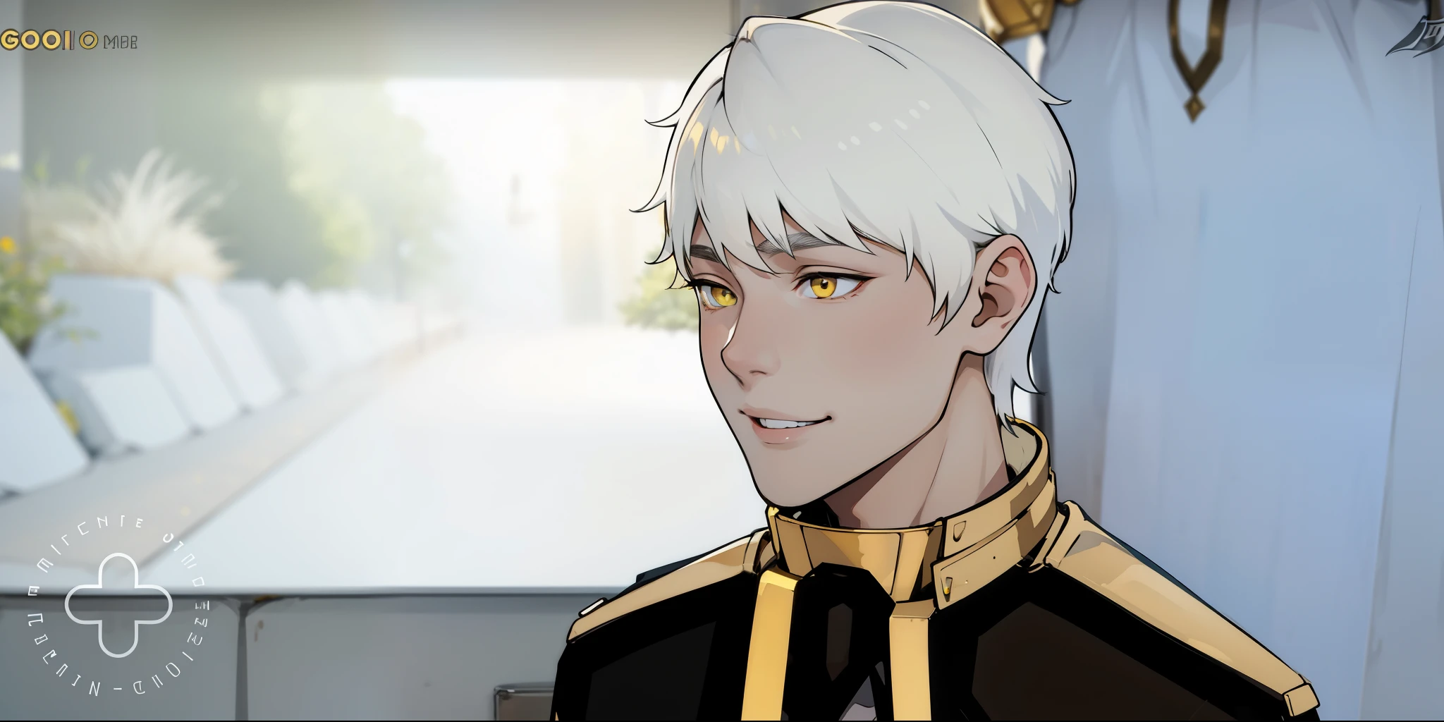 cute 18 year old boy, yellow eyes, white hair, has golden armor, black clothes with yellow, speaks calmly with a smile