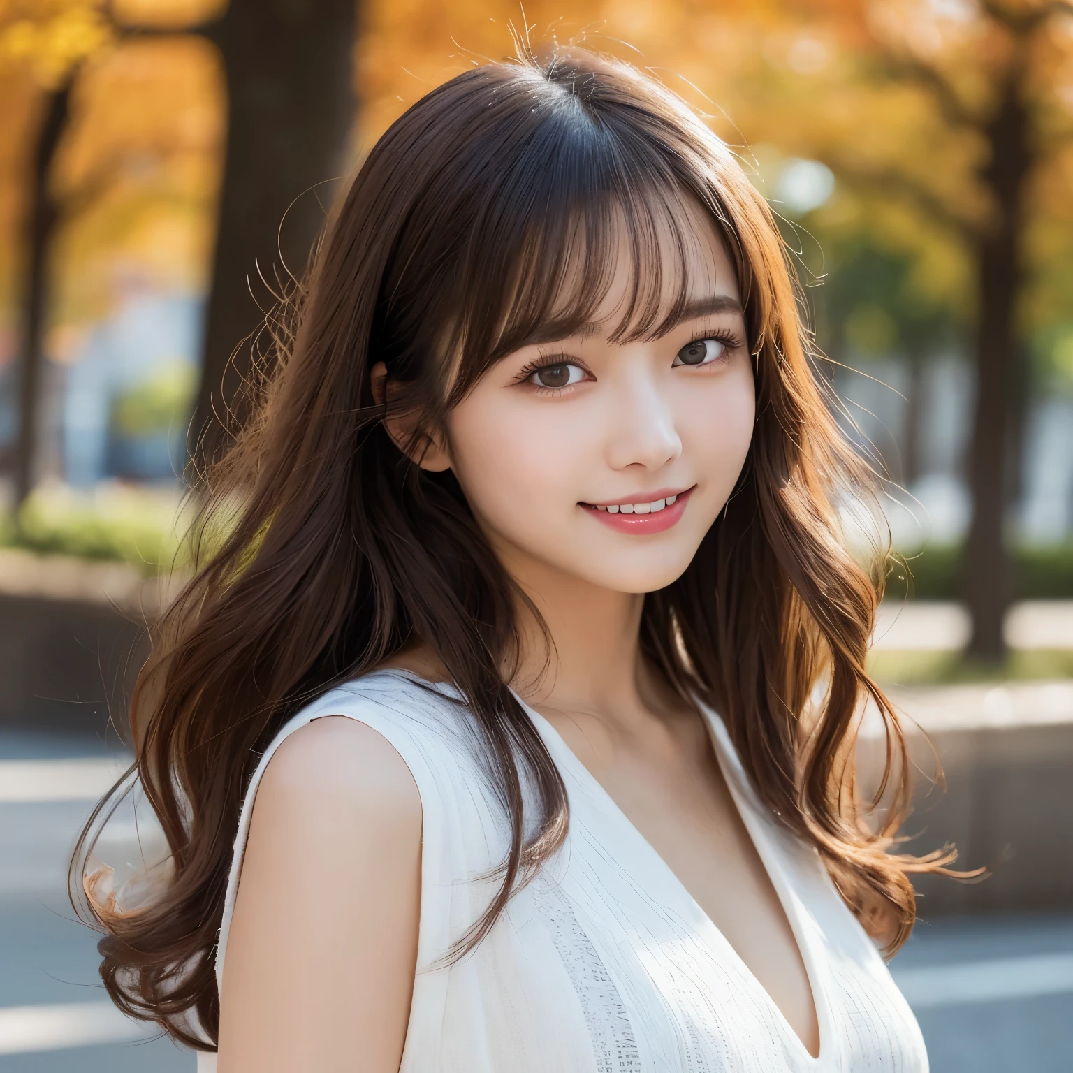Tabletop, highest quality, figure, Super detailed, In detail, High resolution, 8k wallpaper, Perfect dynamic composition, Beautiful fine details, Autumn fashion for women,Wavy Hair,huge 、Natural color lip, Bold sexy pose,smile,Harajuku、20-year-old girl、cute、sexy shot looking at camera、Close-up of face