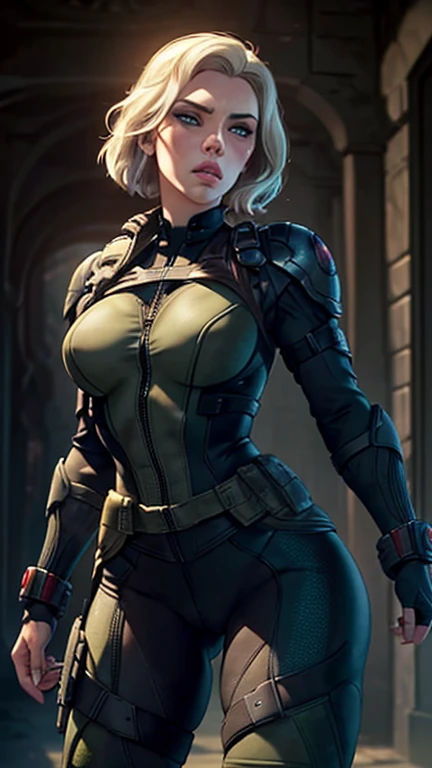 (Masterpiece),(Scarlett Johansson),(Platinum Blonde Hair),(Detailed Ass),(Detailed eyes),(Green Eyes),(Detailed Nose),(Detailed Lips),(Detailed Thighs), (Detailed Feets)(Goth Makeup),(Green Tactical Vest),(Detailed Feets), (Detailed widow bite glovelettes), Black Widow gazes confidently into the distance, her tight suit showcasing the contours of her body, including her shapely buttocks. With a steely resolve, she embodies determination and readiness for whatever challenges lie ahead.