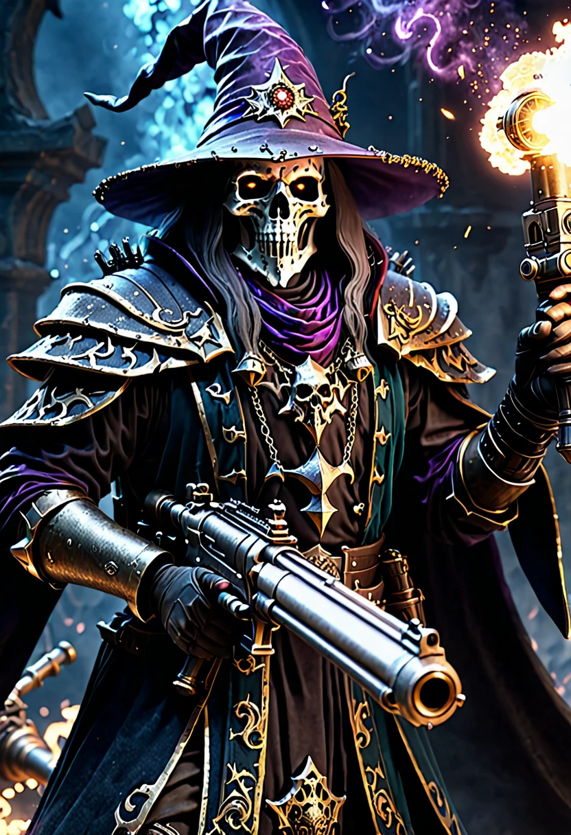 (very detailed 8k wallpaper), medium shot of a necromancer, particle lighting, high detail, dramatic, gatling gun in hand, clean background, with wizard hat on, background top weapon removed