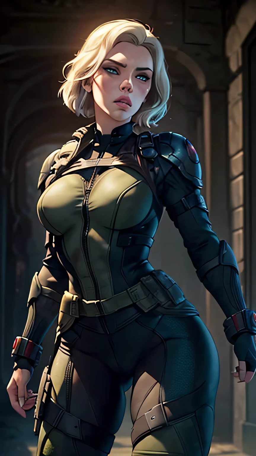 (Masterpiece),(Scarlett Johansson),(Platinum Blonde Hair),(Detailed Ass),(Detailed eyes),(Green Eyes),(Detailed Nose),(Detailed Lips),(Detailed Thighs), (Detailed Feets)(Goth Makeup),(Green Tactical Vest),(Detailed Feets), (Detailed widow bite glovelettes), Black Widow gazes confidently into the distance, her tight suit showcasing the contours of her body, including her shapely buttocks. With a steely resolve, she embodies determination and readiness for whatever challenges lie ahead.