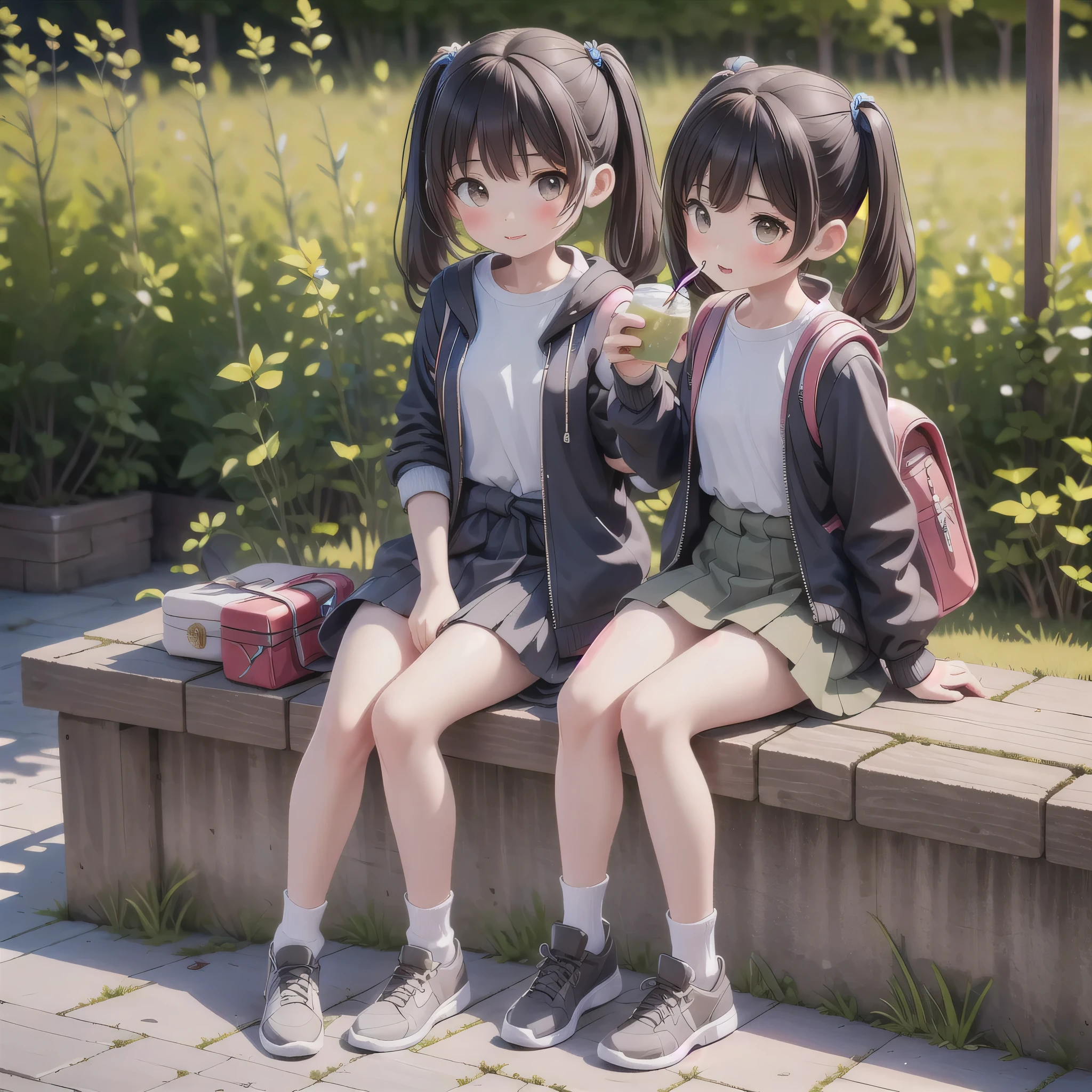 masterpiece,highest quality,One Girl,alone,Backpack,drinking,bag,Twin tails,Sitting,Black Hair,waist clothes,Brown eyes,Outdoor,mini skirt,drinking straw,socks,Jacket around waist,Jacket,Sunburn,Ground vehicles,cup,drink,Long Hair,Day,scenery,Brown Hair,bench,Power lines,Grass,a bit,Hamburger paper bag,