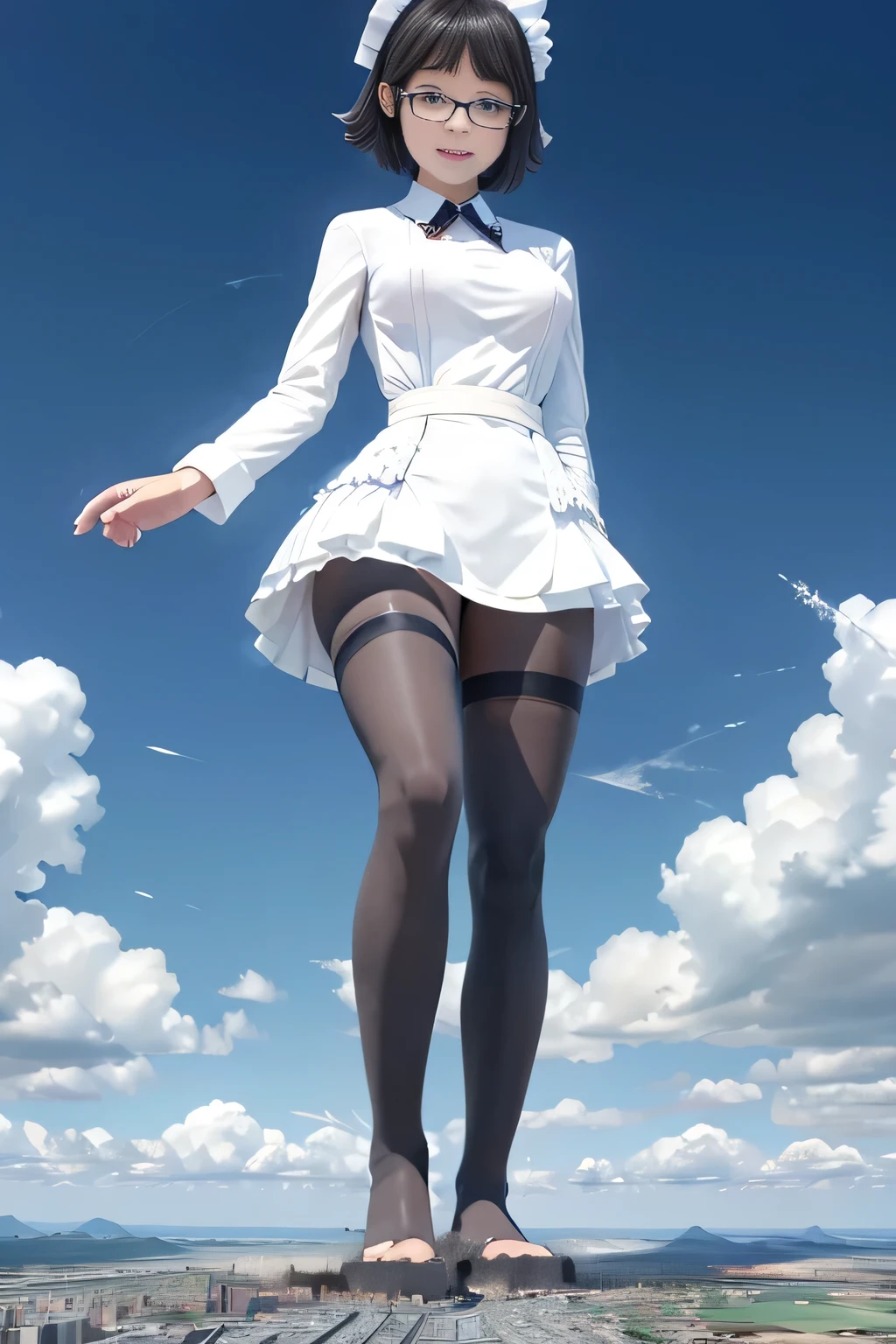 giantess art, highly detailed giantess shots, giantess, Two legs, Five fingers, short hair, A beautiful girl who is bigger than a skyscraper, Wearing rimless glasses, smile, Big Breasts, Maid clothes, Black Pantyhose, black pantyhose, no shoes on, toes visible through pantyhose, Steam coming out from the soles of my feet, Destroying cities, A very small big city, Miniature metropolis, Full body description, GTS, giga giantess, stomping city, crash city, tiny city, micro city, pantyhose feet, High resolution, highest quality, masterpiece, Maid, maid, transparent bodystocking, 