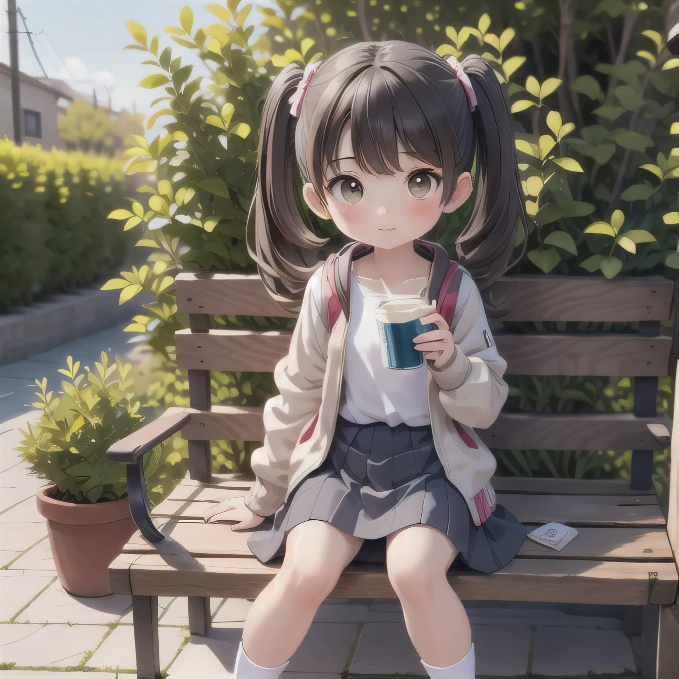 masterpiece,highest quality,One Girl,alone,Backpack,drinking,bag,Twin tails,Sitting,Black Hair,waist clothes,Brown eyes,Outdoor,mini skirt,drinking straw,socks,Jacket around waist,Jacket,Sunburn,Ground vehicles,cup,drink,Long Hair,Day,scenery,Brown Hair,bench,Power lines,Grass,a bit,Hamburger paper bag,