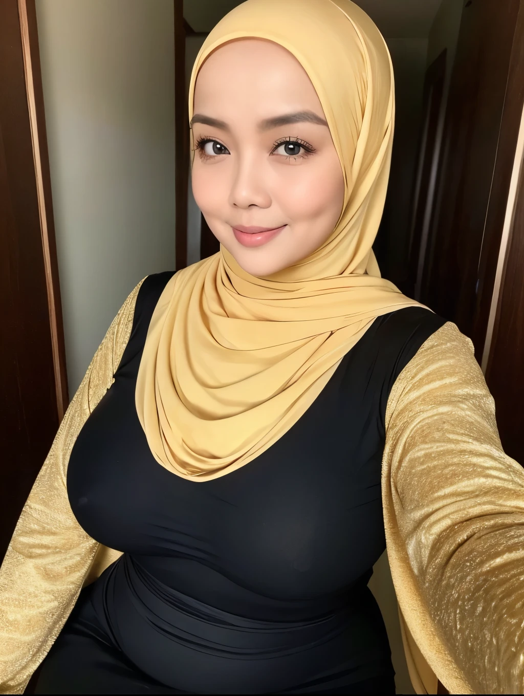 (master piece) (realistic) (curvy body) (gorgeous face) Photo of a 56 year old Indonesian mature woman, (beautiful face), curly long black hair, aged, golden necklace, offical head master room, closeup, sport bra, natural saggy breasts, (((hijab)))