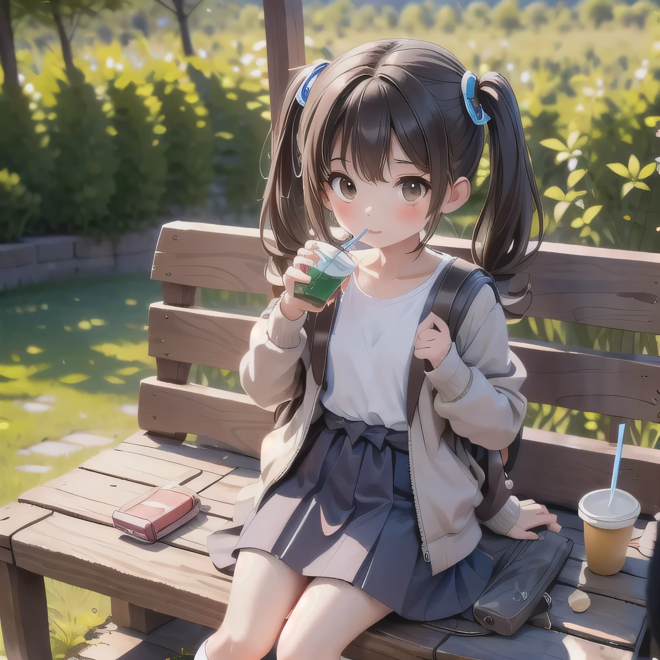masterpiece，highest quality，One Girl，alone,Backpack，drinking，bag，Twin tails，Sitting，Black Hair，waist clothes，Brown eyes，Outdoor，mini skirt，drinking straw，socks，Jacket around waist，Jacket，Sunburn，Ground vehicles，cup，drink，Long Hair，Day，scenery，Brown Hair，bench，Power lines，Grass，a bit，Hamburger paper bag，