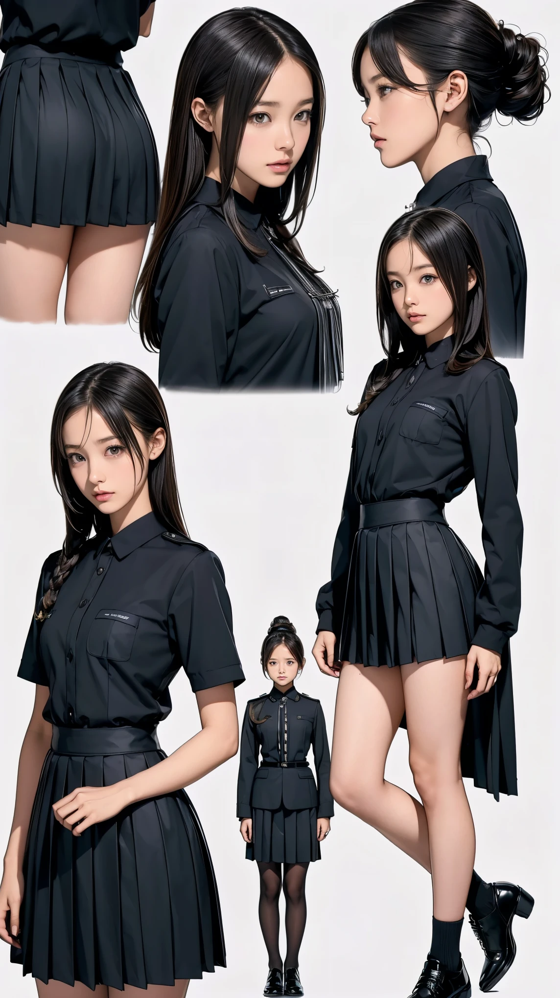 ((masterpiece)),(((highest quality))),((Reference Sheet, Character Design, front, return, ~ ~ side, Mr..々Hairstyle, Mr..々Performance, Facial Expressions)), 14-year-old girl, Cute type,  (Very slim:1.4),  (Very small ass:1.4), Realistic buttocks, Big Breasts, Short Bob, Thin thighs, Long legs, It's not a big deal, ((black uniform, Black pleated skirt, uniform, Medals, magnificent uniform)), ((Browsing Caution:1.0))