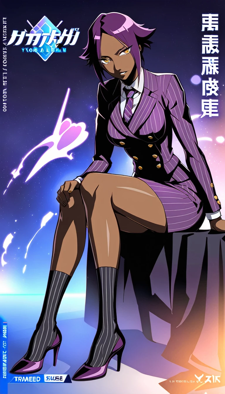  Full body Yoruichi as a thin Black business woman in a double breasted pinstripe purple  skirt suit while wearing a tie with a very long purple pinstripe skirt that covers the legs and with long black knee socks full art and make her sit down also give her thin legs and purple heels