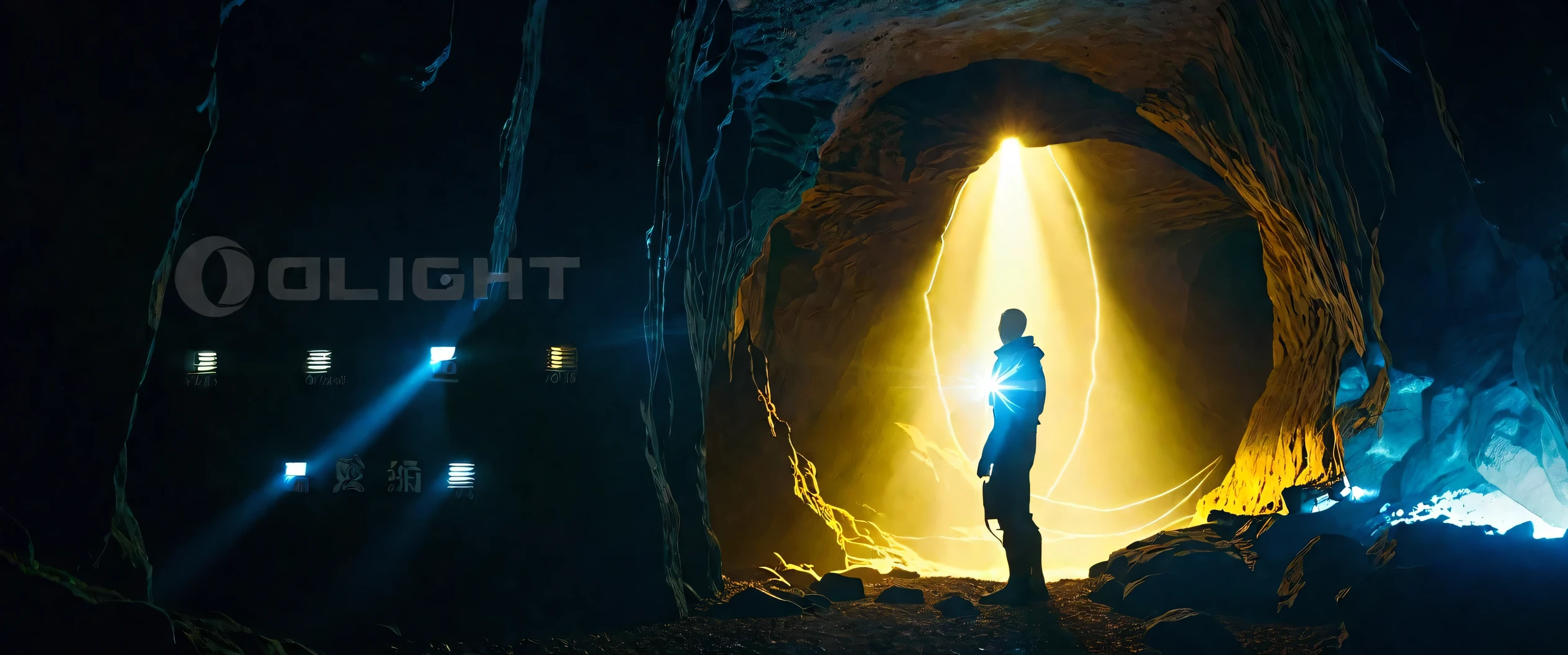 there is a man standing in a cave with a Light coming out of it, Light from right, spotLight, Light night, high Light, highLight, night Light, Sci-fi movies, Sci-fi movies, searchLight, High concept science fiction, Eight, eight, eight, critical art, Light, nightLight, From 2019 Sci-Fi 8K 