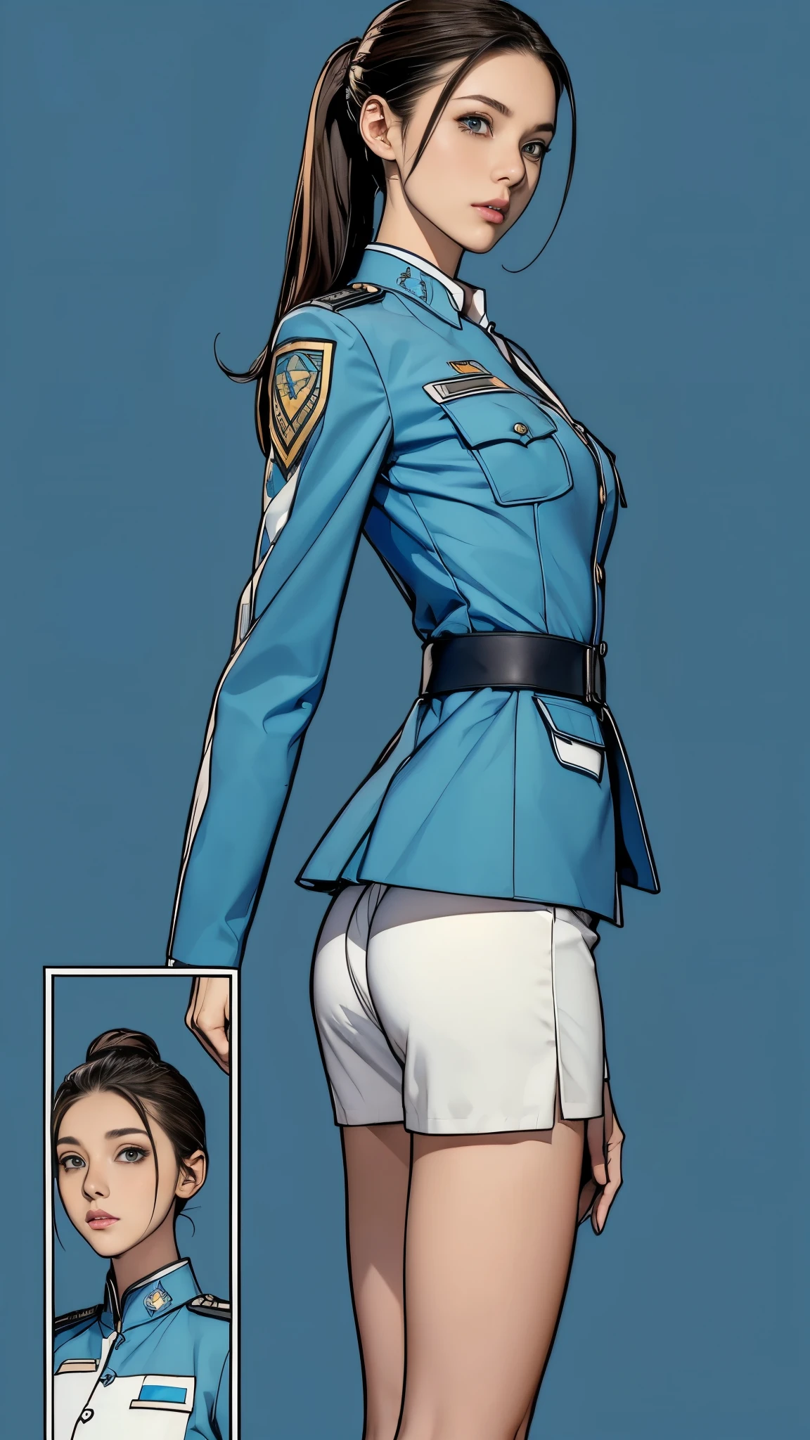((masterpiece)),(((highest quality))),((Reference Sheet, Character Design, front, return, ~ ~ side, Mr..々Hairstyle, Mr..々Performance, Facial Expressions)), 14-year-old girl, Cute type, (Very slim:1.4), (Very small ass:1.4), Realistic buttocks, Medium milk, Short brown hair,Thin thighs, Long legs, It's not a big deal,(A female Earth Federation officer is walking), (Wearing Earth Federation military uniform, White and light blue military uniform),(Worn by federal government employees'White Hat:1.5)