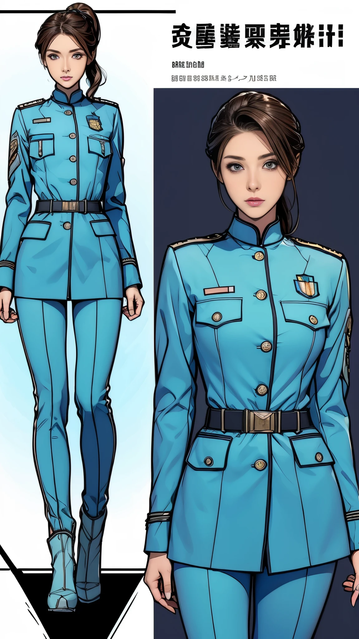 ((masterpiece)),(((highest quality))),((Reference Sheet, Character Design, front, return, ~ ~ side, Mr..々Hairstyle, Mr..々Performance, Facial Expressions)), , Cute type, (Very slim:1.4), (Very small ass:1.4), Realistic buttocks, Medium milk, Short brown hair,Thin thighs, Long legs, It's not a big deal,(A female Earth Federation officer is walking), (Wearing Earth Federation military uniform, White and light blue military uniform),(Worn by federal government employees'White Hat:1.5)