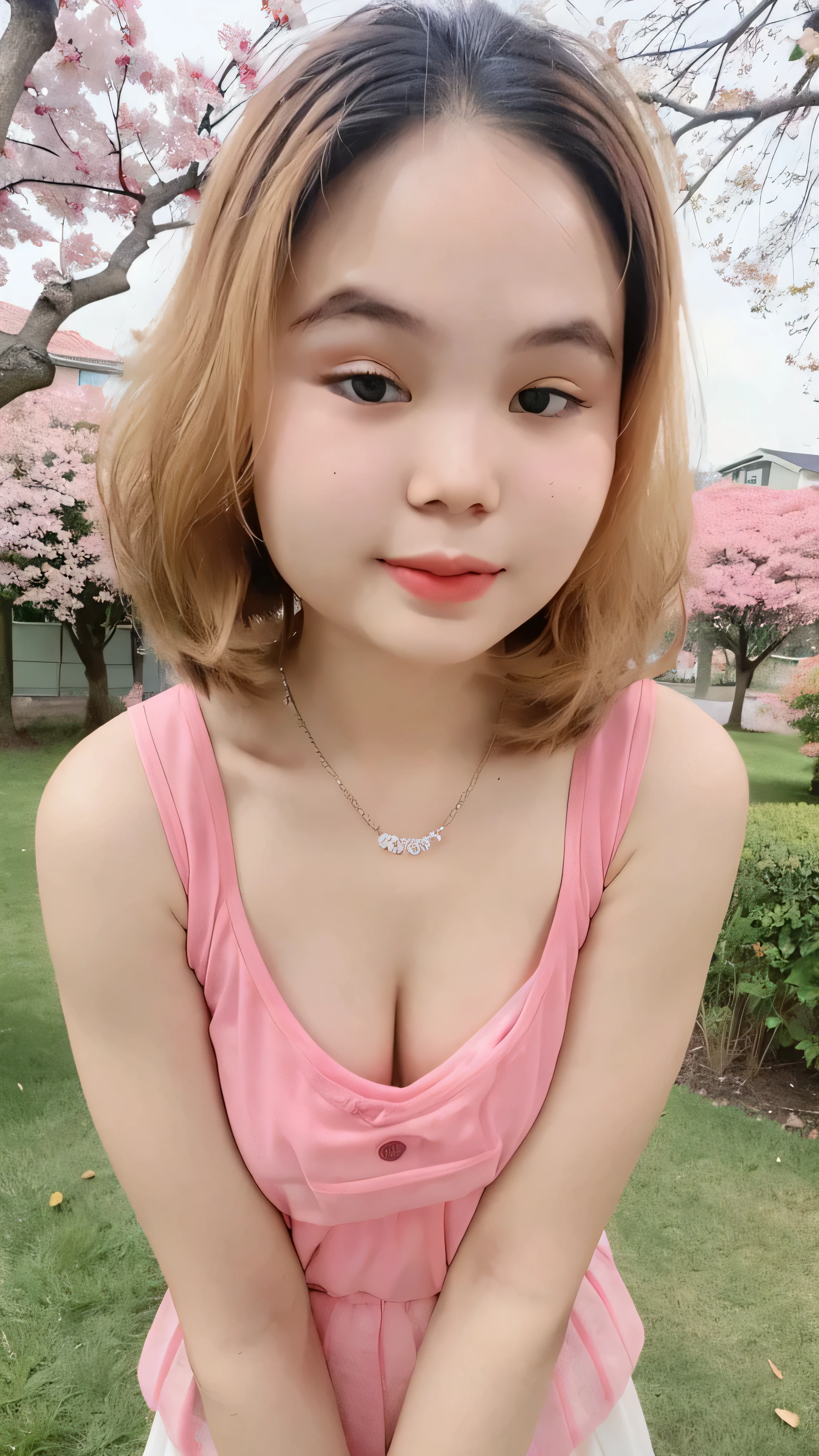 (super highest quality:1.3) (very realistic, Photoreal:1.3), (sharp focus:1.3), (Realistic and very high quality:1.3). (high resolution/High resolution:1.3), very delicate and beautiful, soft light, (brown hair, Shoulder-length straight bob hair sways in the wind), beautiful detailed girl, highly detailed eyes and face, beautifully detailed nose, thin and beautiful eyes, 1 girl, Japanese, Pure beauty, cute, young, (smaller and flat chest), realistic face, realistic body, beautiful thigh, pink camisole top, black mini skirt, cherry blossom background