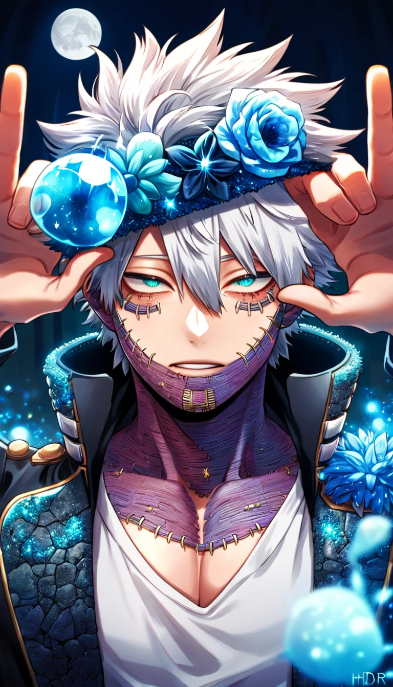 absurdres, highres, ultra detailed, HDR, master piece, best quality, Dabi, white hair spiked around his head, expressive turquoise eyes, Boku No Hero Academia, black coat with high collar, white T-shirt, solo, sexy man, handsome, moon, blue forest, blue fireflies, blue flowers, magical, fantasy, glittering