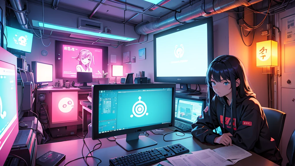 Uma chinesa de , hacker especialista em tecnologia. She is in her cozy and relaxing room, seu quarto tem elementos modernos em cores neon.
