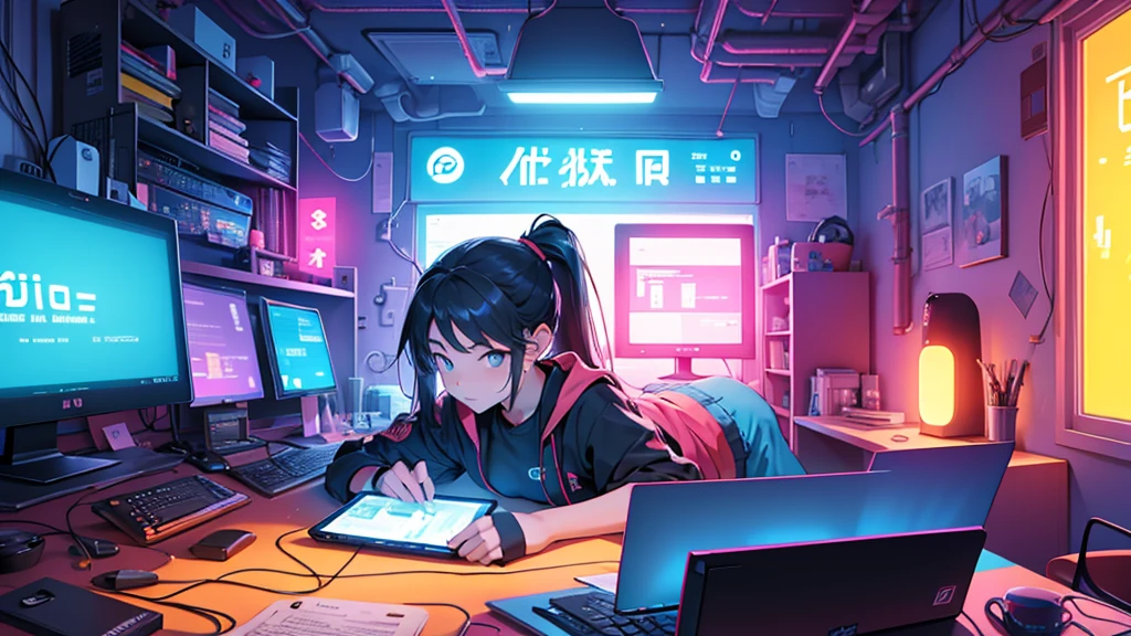 Uma chinesa de 16 anos, hacker especialista em tecnologia. She is in her cozy and relaxing room, seu quarto tem elementos modernos em cores neon.