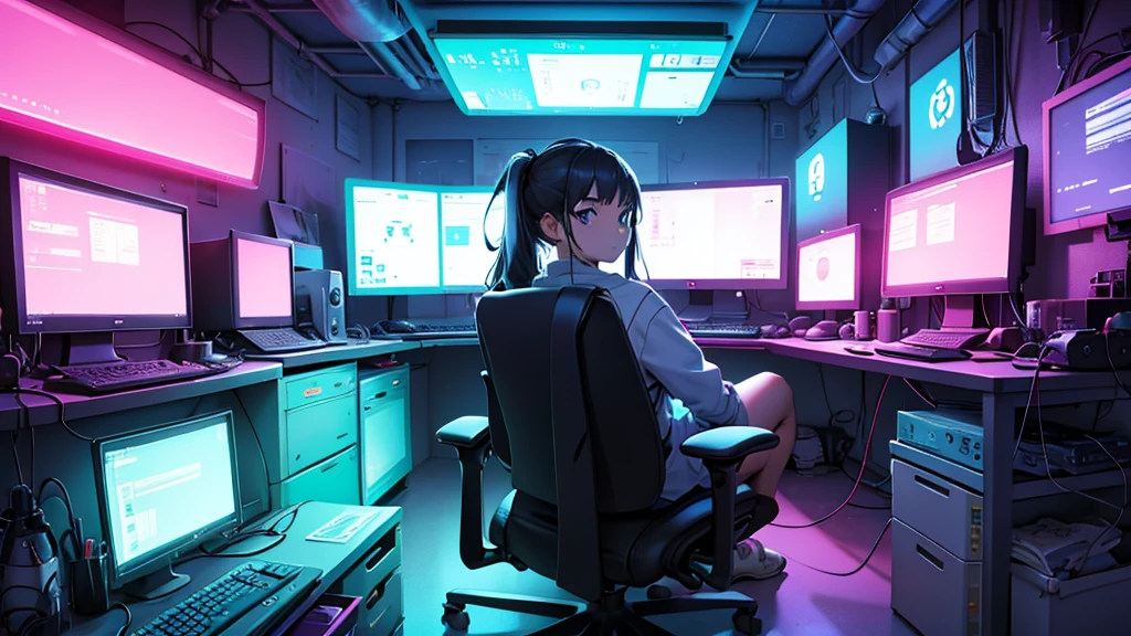 Uma chinesa de  anos, hacker especialista em tecnologia. She is in her cozy and relaxing room, seu quarto tem elementos modernos em cores neon.
