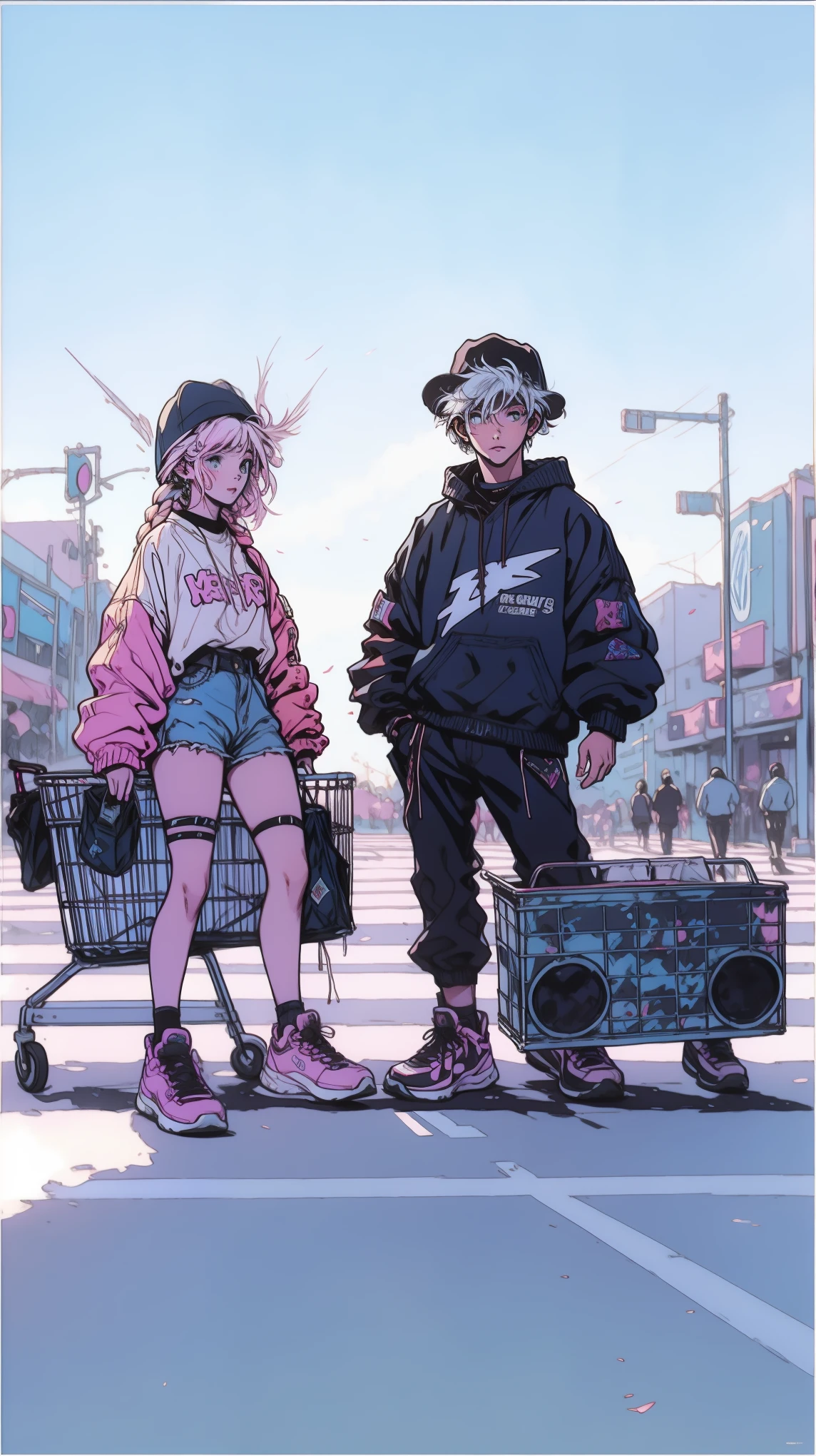 A young couple, the girl with pastel pink hair styled in braids and the boy with a white hair and a lightning bolt design, stand on a busy intersection. They wear high-top sneakers, oversized clothing with brand logos, and bucket hats. A boombox strapped to a shopping cart blasts a mix of hip-hop and pop music, attracting the attention of passersby, fantasy world, dark background, clean design, epic, artstation, colorful paint splatter, silhouette, hyper detailed intricate details, unreal engine, fantasy, splash screen, complementary colors, deviantart masterpiece, oil painting, heavy strokes, paint dripping, indifferent expression