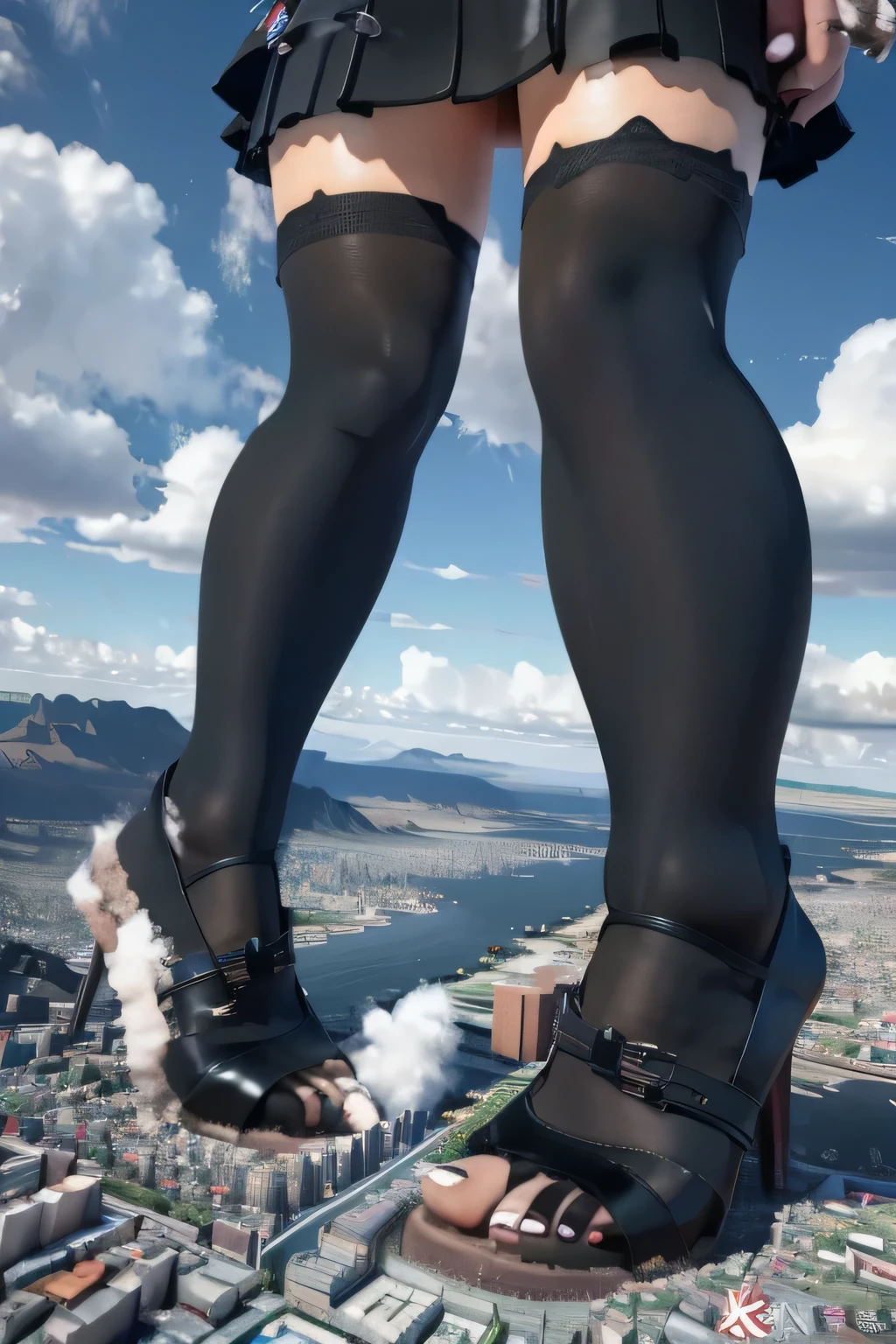 giantess art, highly detailed giantess shots, giantess, Two legs, Five fingers, short hair, A beautiful girl who is bigger than a skyscraper, Wearing rimless glasses, smile, Big Breasts, Maid clothes, Black Pantyhose, black pantyhose, no shoes on, toes visible through pantyhose, Steam coming out from the soles of my feet, Destroying cities, A very small big city, Miniature metropolis, Full body description, GTS, giga giantess, stomping city, crash city, tiny city, micro city, pantyhose feet, High resolution, highest quality, masterpiece, Maid, maid, transparent bodystocking, 