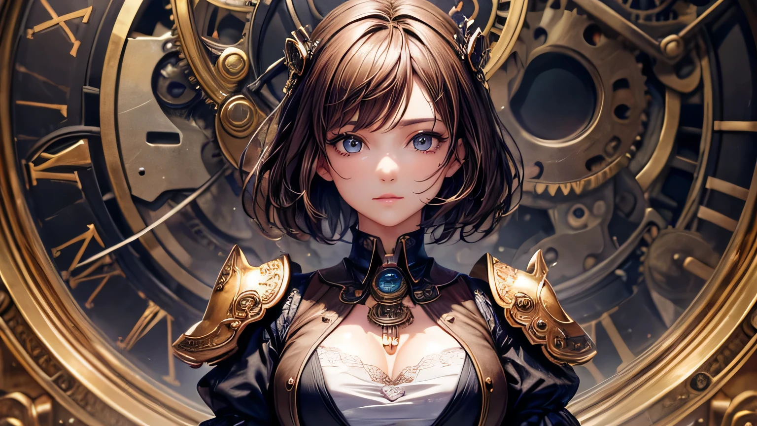 Beautiful woman 1.3, Beautiful brown short hair: 1.2, , Steampunk landscape: 1.2,In town: 1.1, Ultra-high resolution, Accurate, Super detailed, Textured skin, High detail, highest quality, 8k,Thin bangs,Upper Body,Well-drawn eyes, Focus on the face,steampunk outfit,Steampunk Gadgets Detailed Hair,Detailed depiction of eyes、Detailed depiction of hair、vapor、gear、clock、Upper Body、spirit